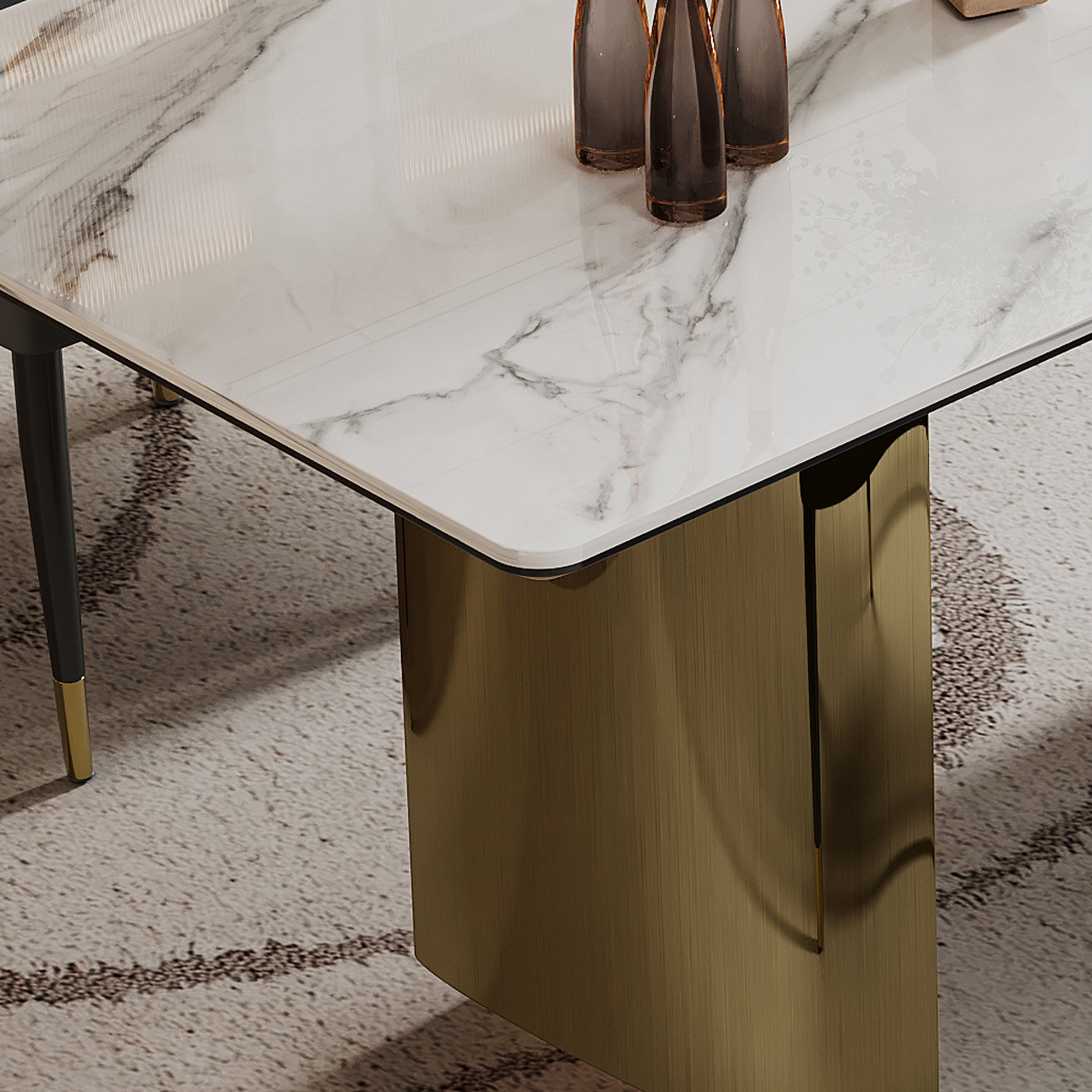 0.47" Thick Sintered Stone Composite Tempered Glass Top Rectangular Dining Table With Stainless Steel Base Gold Sintered Stone
