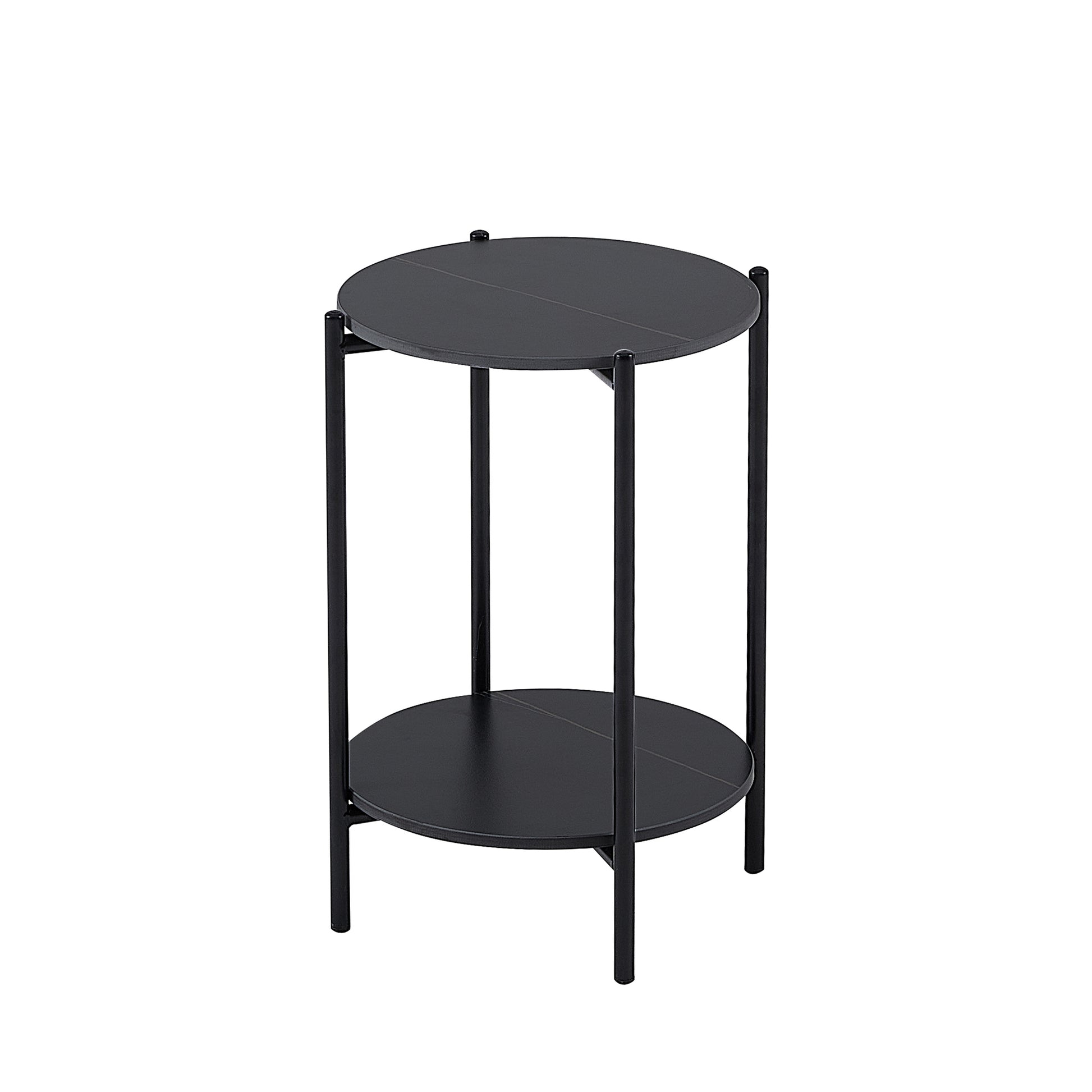 2 Layer End Table With Whole Marble Tabletop, Round Coffee Table With Black Metal Frame For Bedroom Living Room Office Black,1 Piece Black Metal Stone