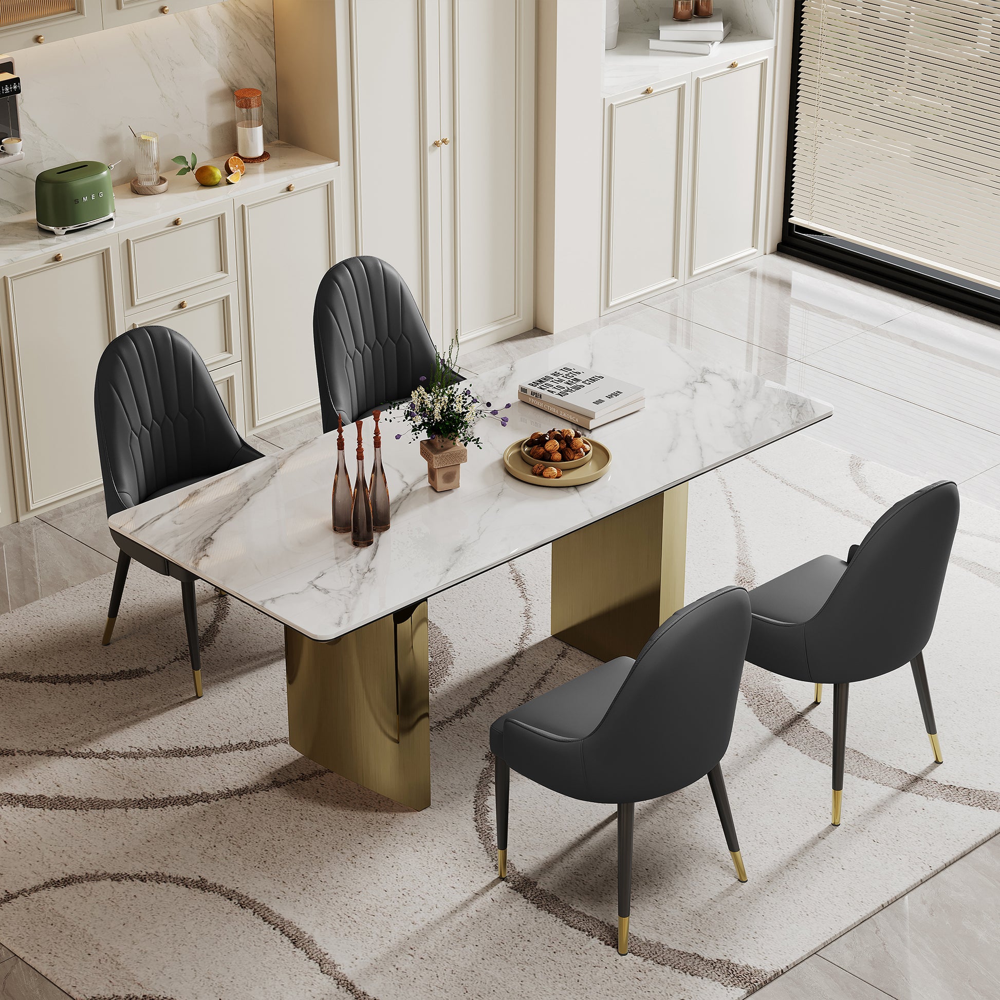 0.47" Thick Sintered Stone Composite Tempered Glass Top Rectangular Dining Table With Stainless Steel Base Gold Sintered Stone