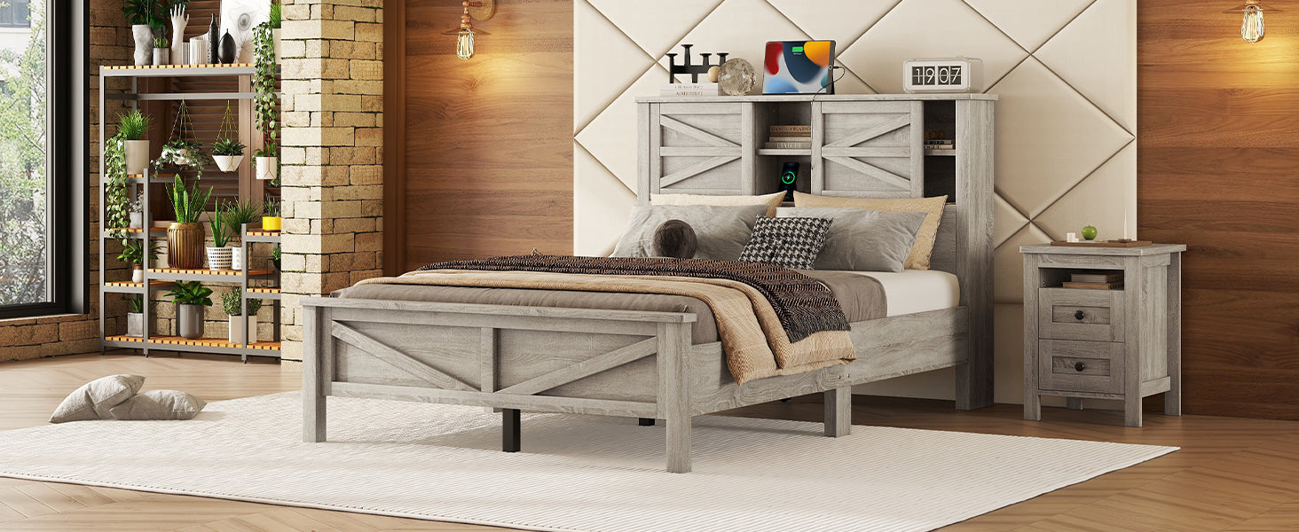 Farmhouse Platform Bed With Double Sliding Barn Door, Full Size Rustic Wood Bed Withcharging Station, Wood Slats Support, Antique Gray Antique Gray Particle Board