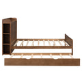 Full Size Platform Bed With Storage Headboard And Twin Size Trundle, Walnut Box Spring Not Required Full Walnut Wood Bedroom Bed Frame Solid Wood Mdf