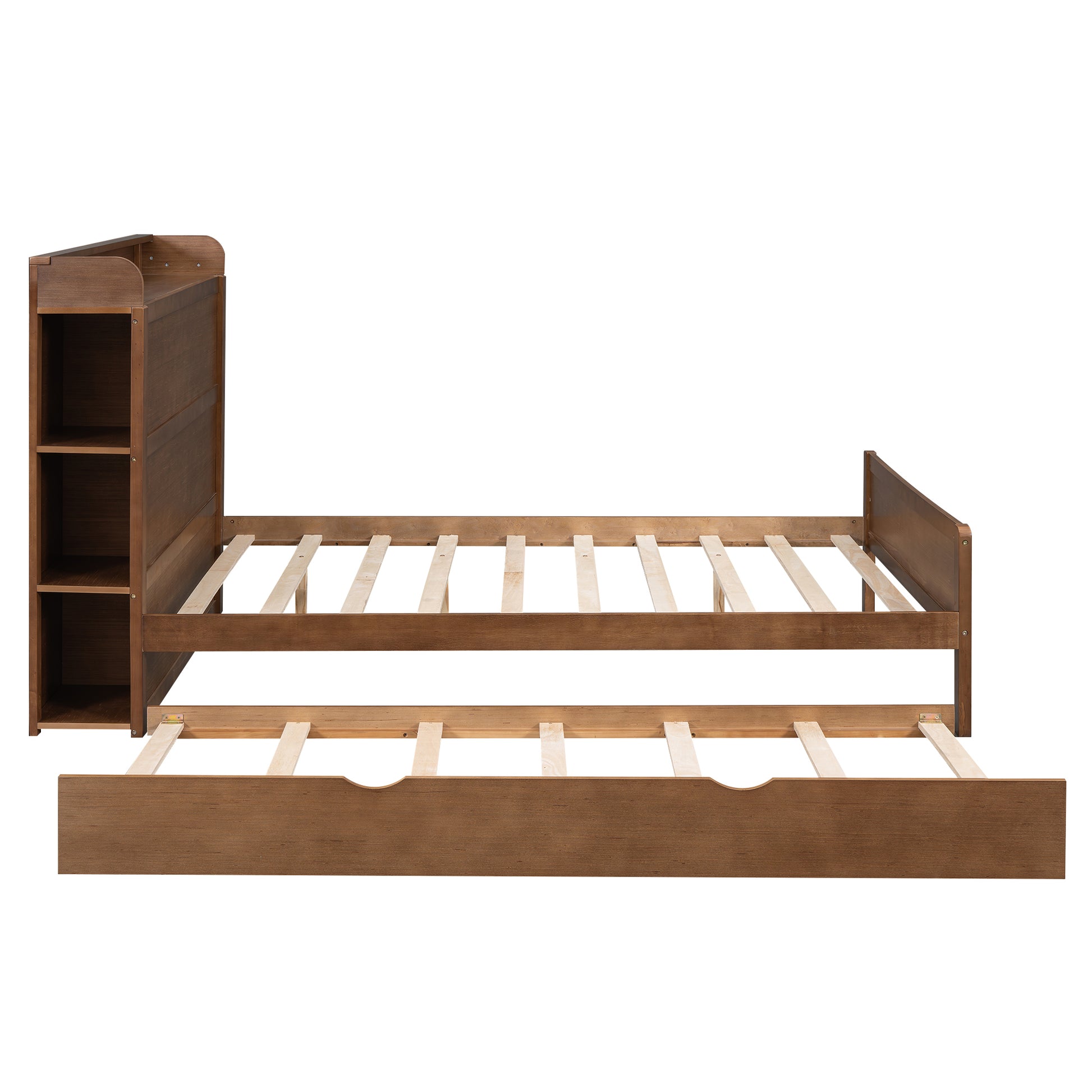 Full Size Platform Bed With Storage Headboard And Twin Size Trundle, Walnut Box Spring Not Required Full Walnut Wood Bedroom Bed Frame Solid Wood Mdf