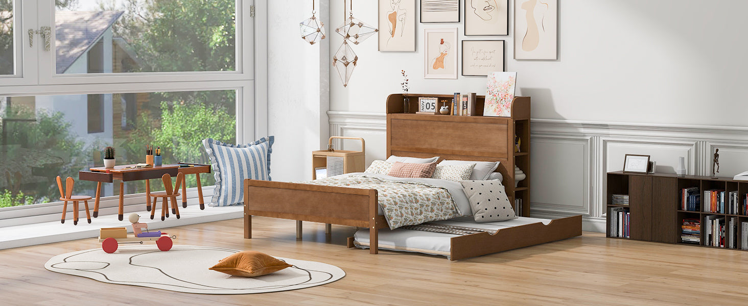 Full Size Platform Bed With Storage Headboard And Twin Size Trundle, Walnut Box Spring Not Required Full Walnut Wood Bedroom Bed Frame Solid Wood Mdf
