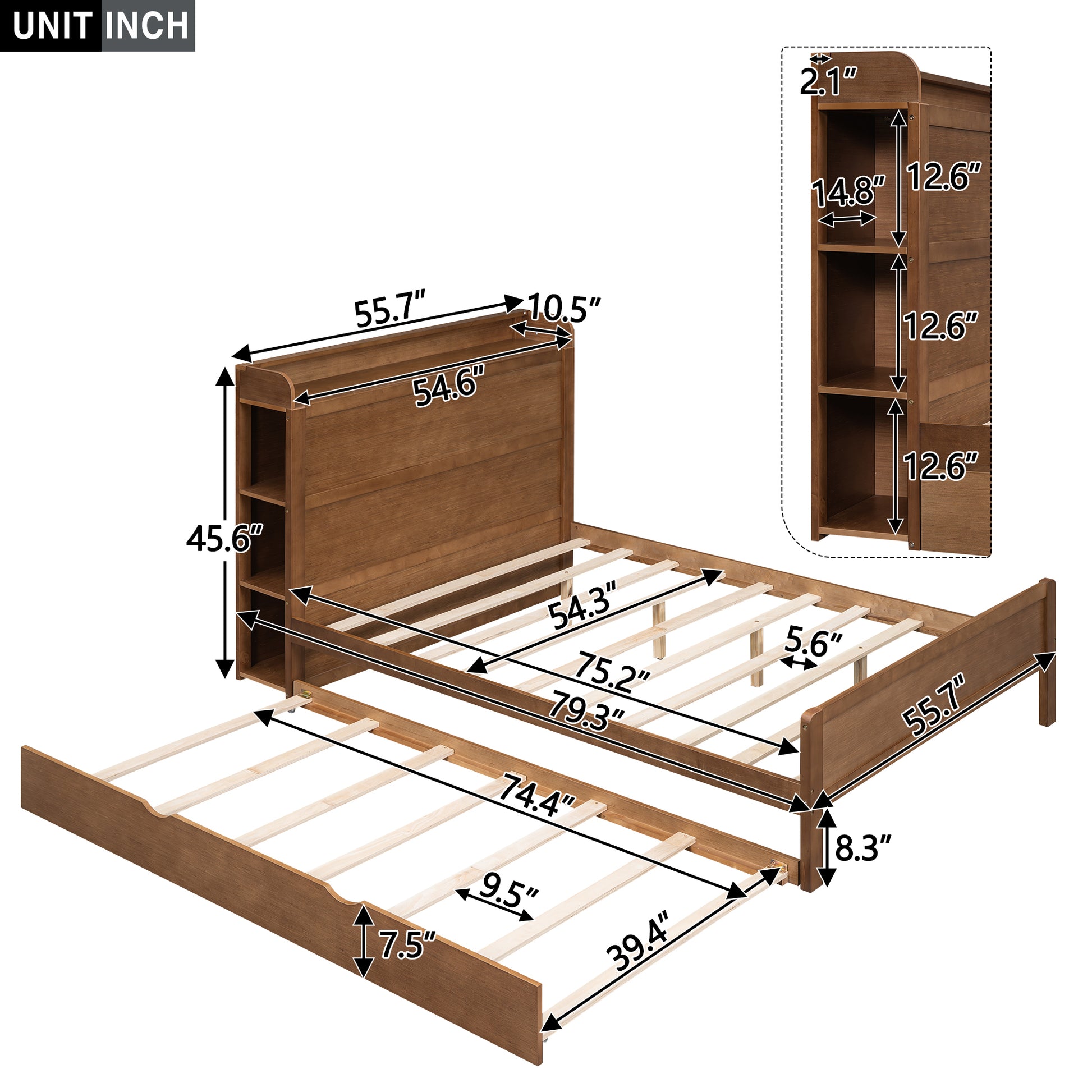 Full Size Platform Bed With Storage Headboard And Twin Size Trundle, Walnut Box Spring Not Required Full Walnut Wood Bedroom Bed Frame Solid Wood Mdf