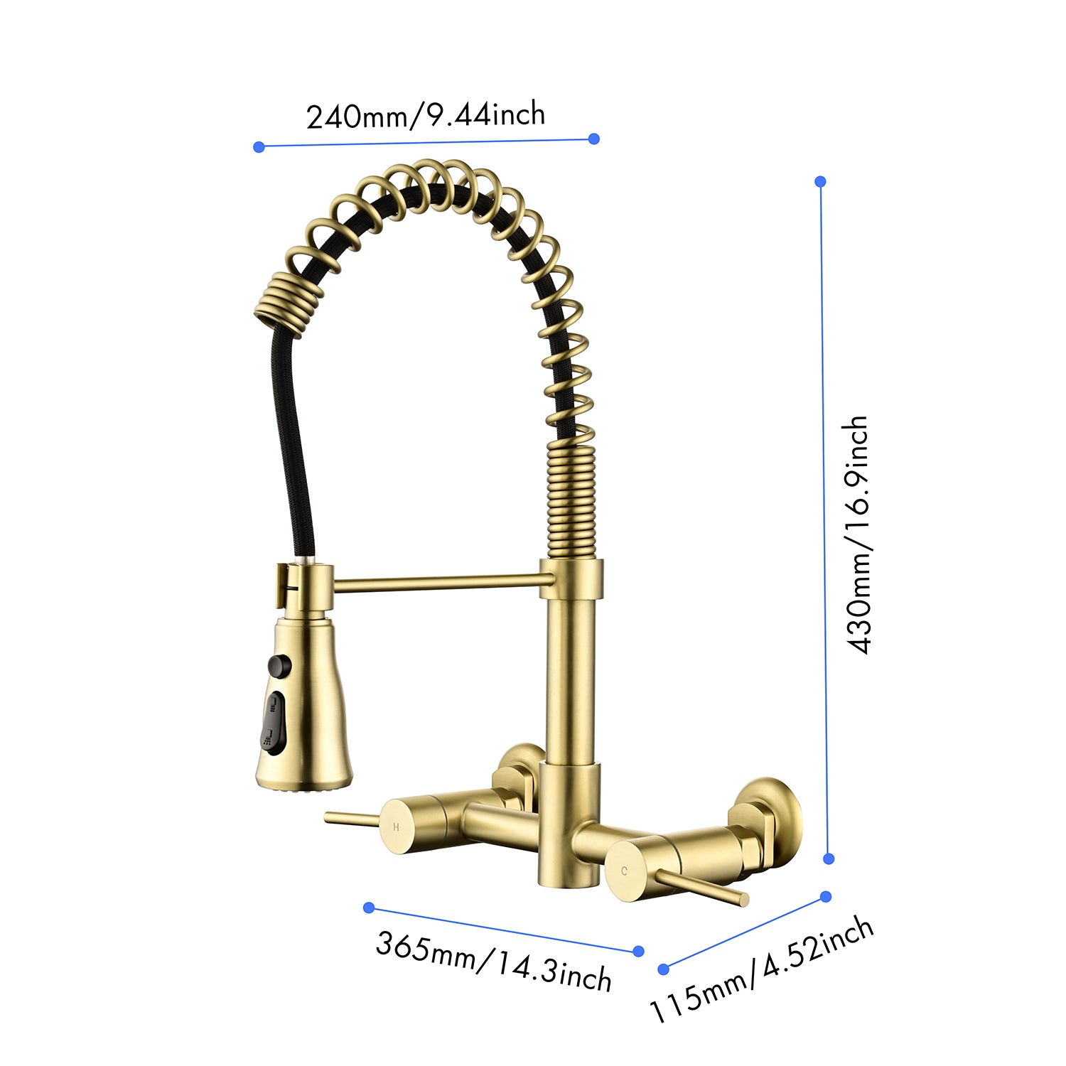 3 Functions Wall Mounted Bridge Kitchen Faucet Brushed Gold Brass