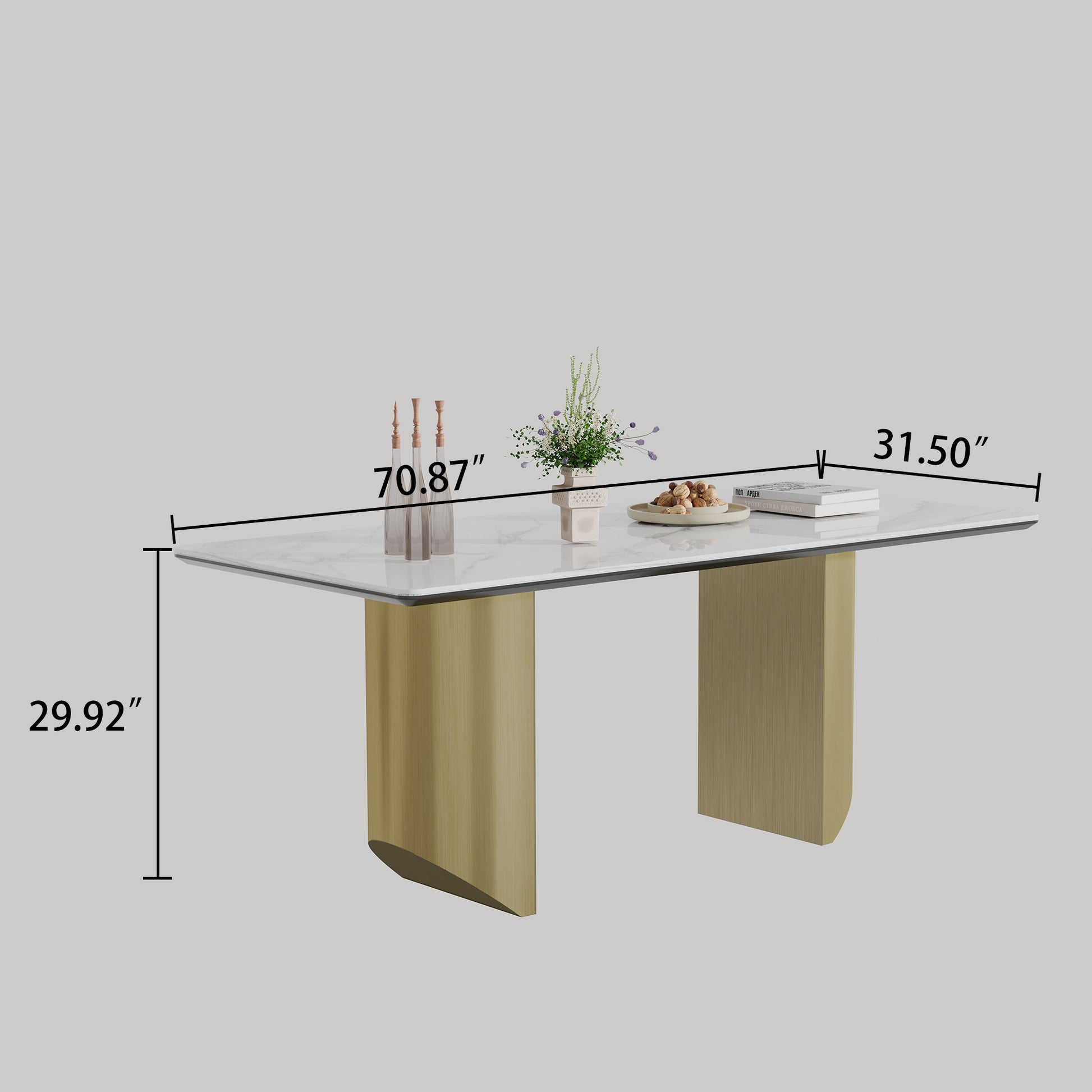 0.47" Thick Sintered Stone Composite Tempered Glass Top Rectangular Dining Table With Stainless Steel Base Gold Sintered Stone
