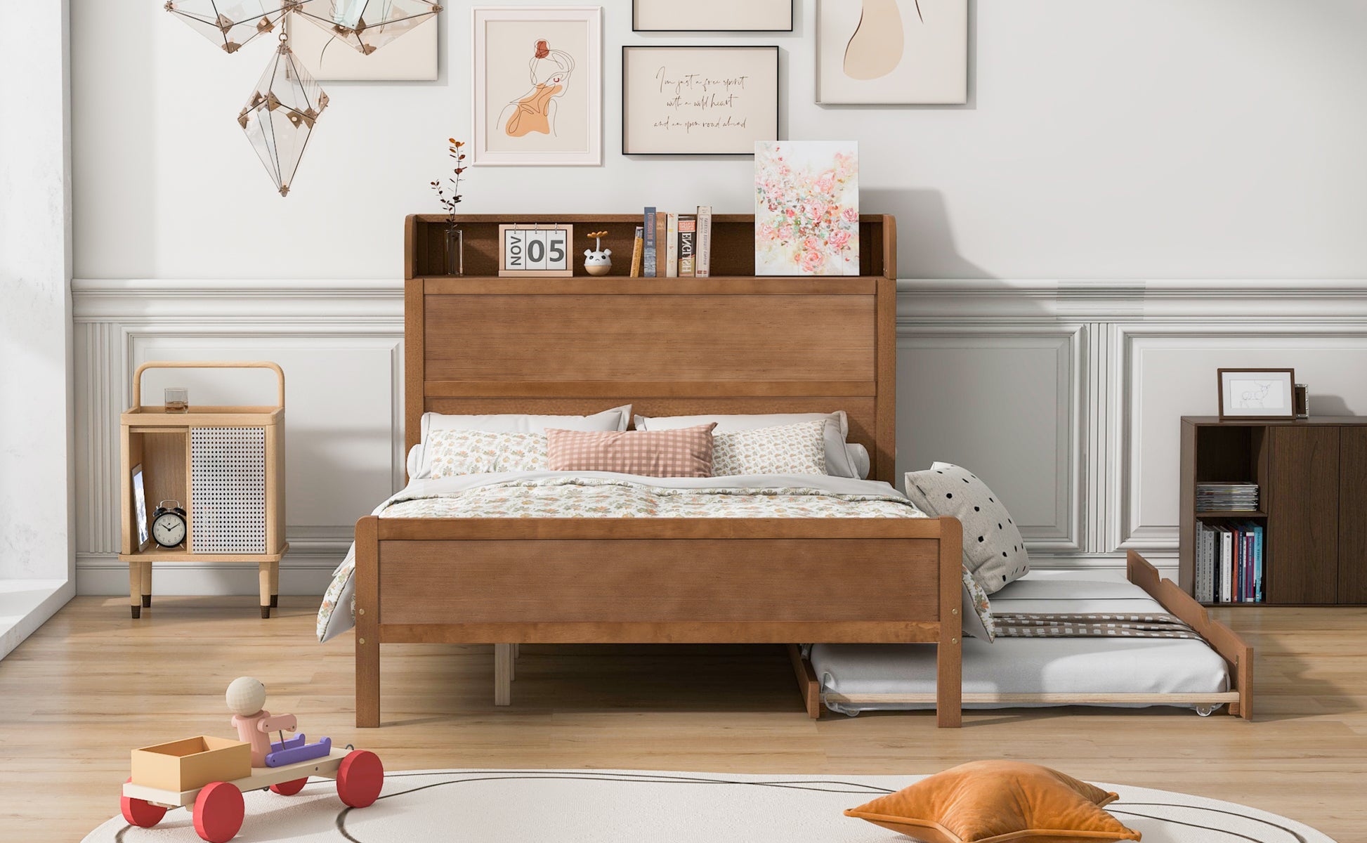 Full Size Platform Bed With Storage Headboard And Twin Size Trundle, Walnut Box Spring Not Required Full Walnut Wood Bedroom Bed Frame Solid Wood Mdf