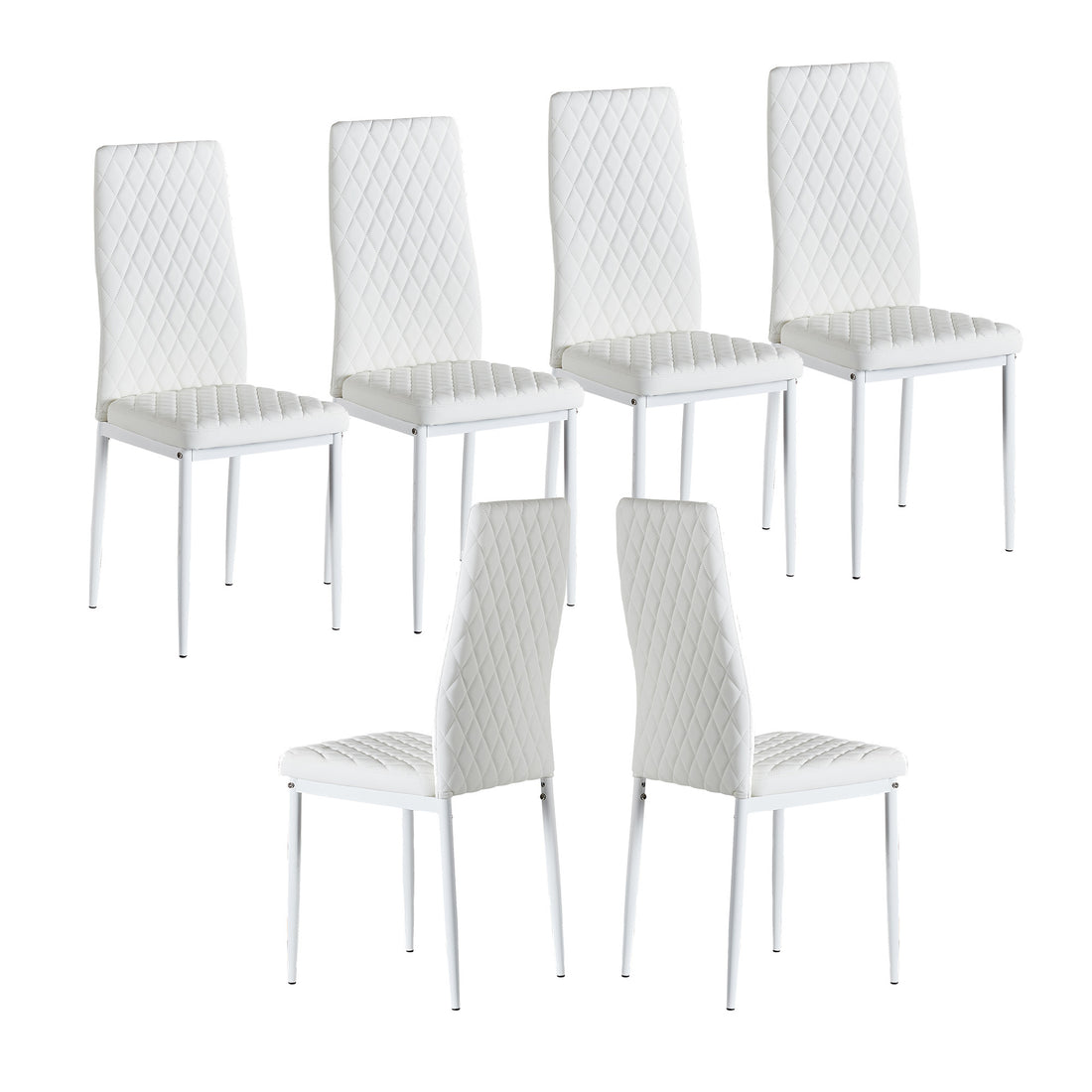 White Modern Minimalist Dining Chair Fireproof Leather Sprayed Metal Pipe Diamond Grid Pattern Restaurant Home Conference Chair Set Of 6 White Pu