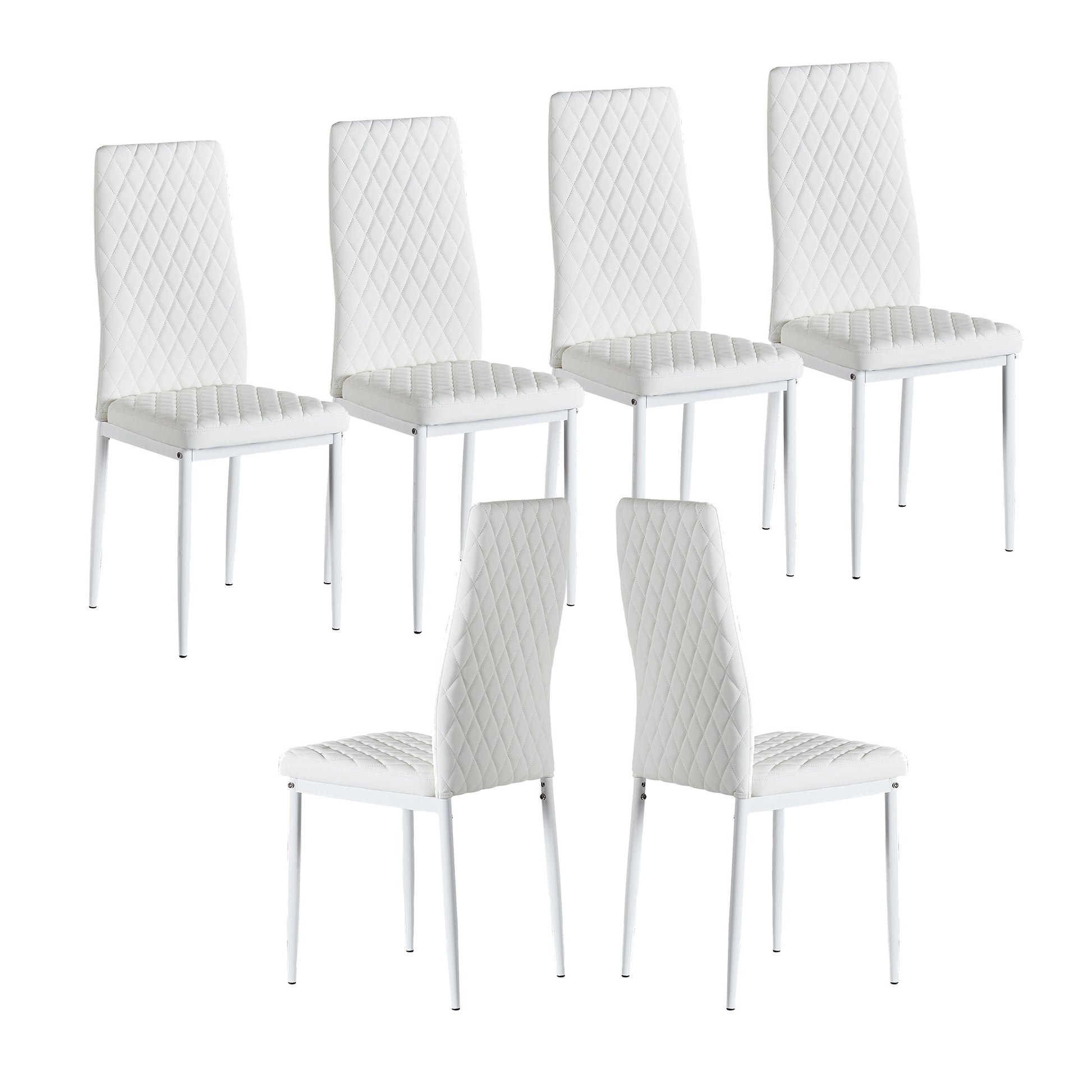 White Modern Minimalist Dining Chair Fireproof Leather Sprayed Metal Pipe Diamond Grid Pattern Restaurant Home Conference Chair Set Of 6 White Pu