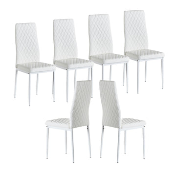 White Modern Minimalist Dining Chair Fireproof Leather Sprayed Metal Pipe Diamond Grid Pattern Restaurant Home Conference Chair Set Of 6 White Pu