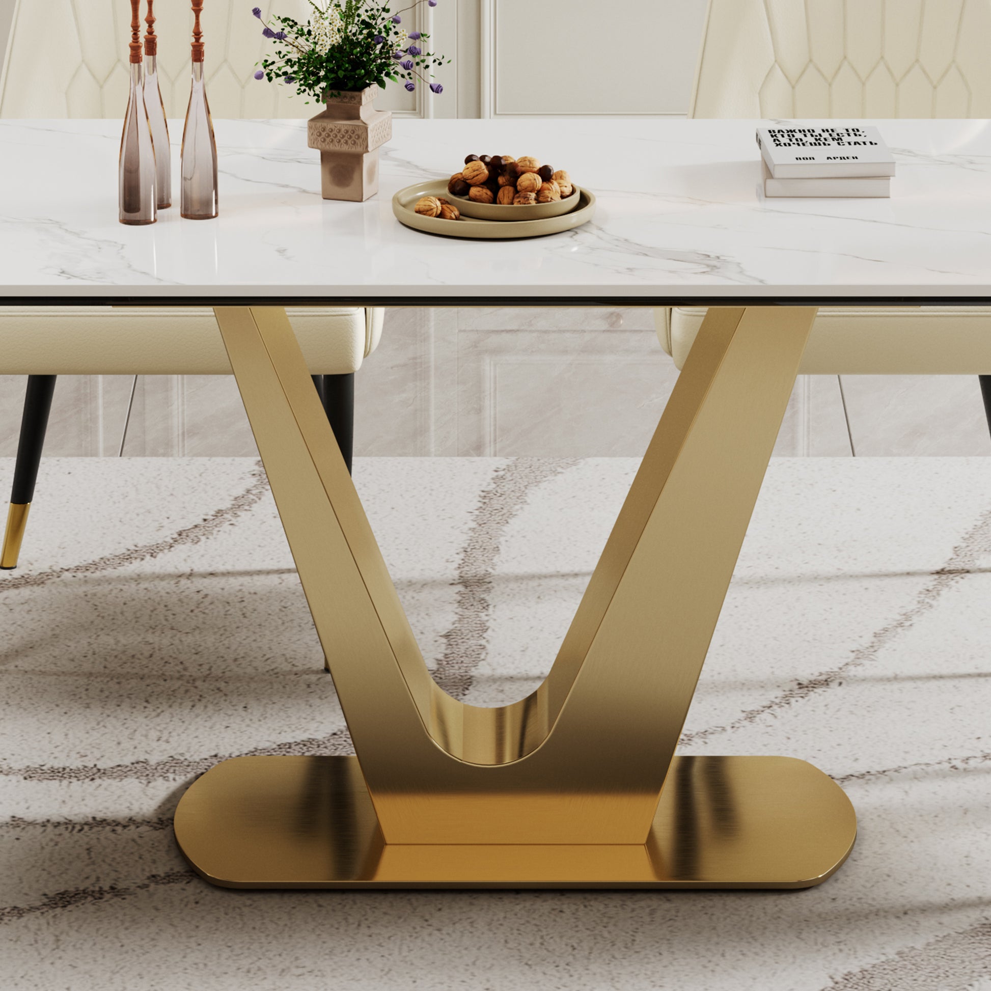 0.47" Thick Sintered Stone Composite Tempered Glass Top Dining Table With V Shape Stainless Steel Base Gold Sintered Stone