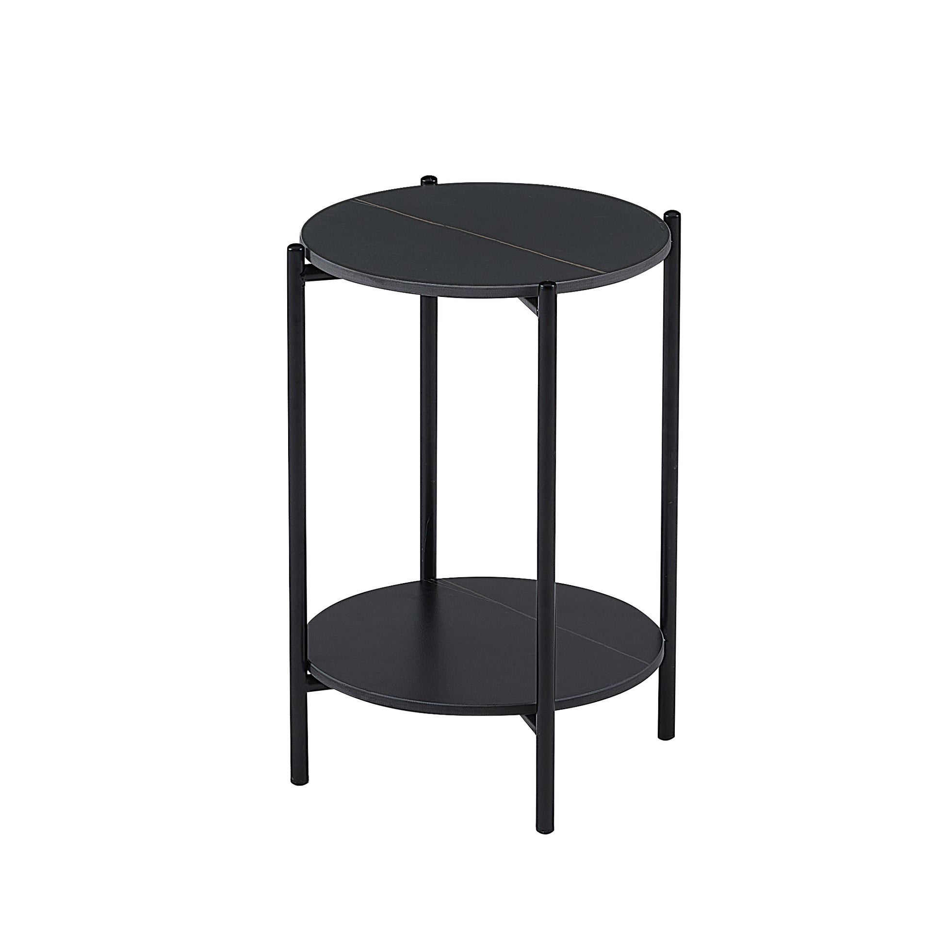 2 Layer End Table With Whole Marble Tabletop, Round Coffee Table With Black Metal Frame For Bedroom Living Room Office Black,1 Piece Black Metal Stone