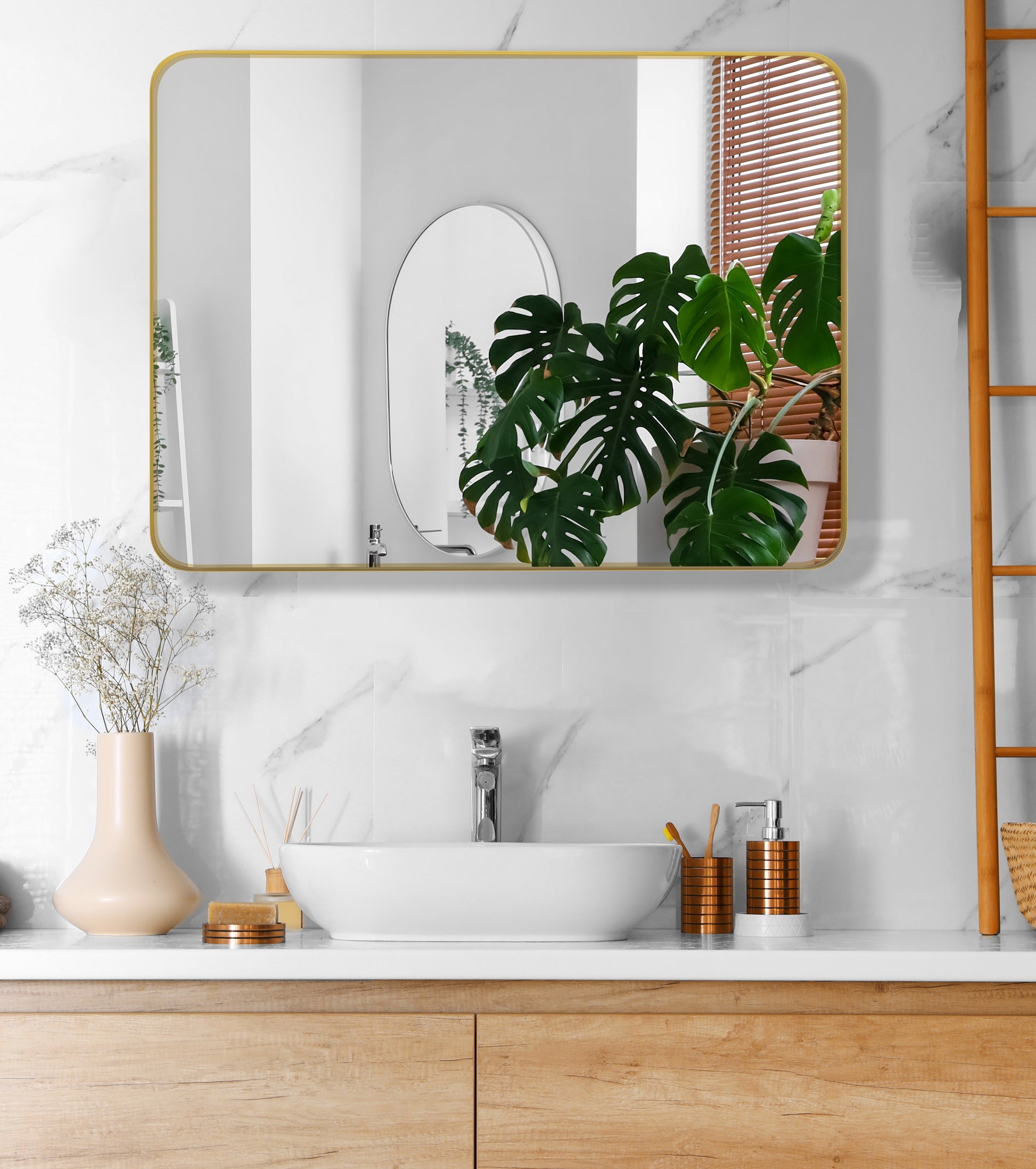 Wall Mirror 24X36 Inch Golden Rectangular Mirror Metal Framed Mirror Vanity Mirror Dressing Mirror, For Bathroom, Living Room, Bedroom Wall Decor Gold Glass Metal