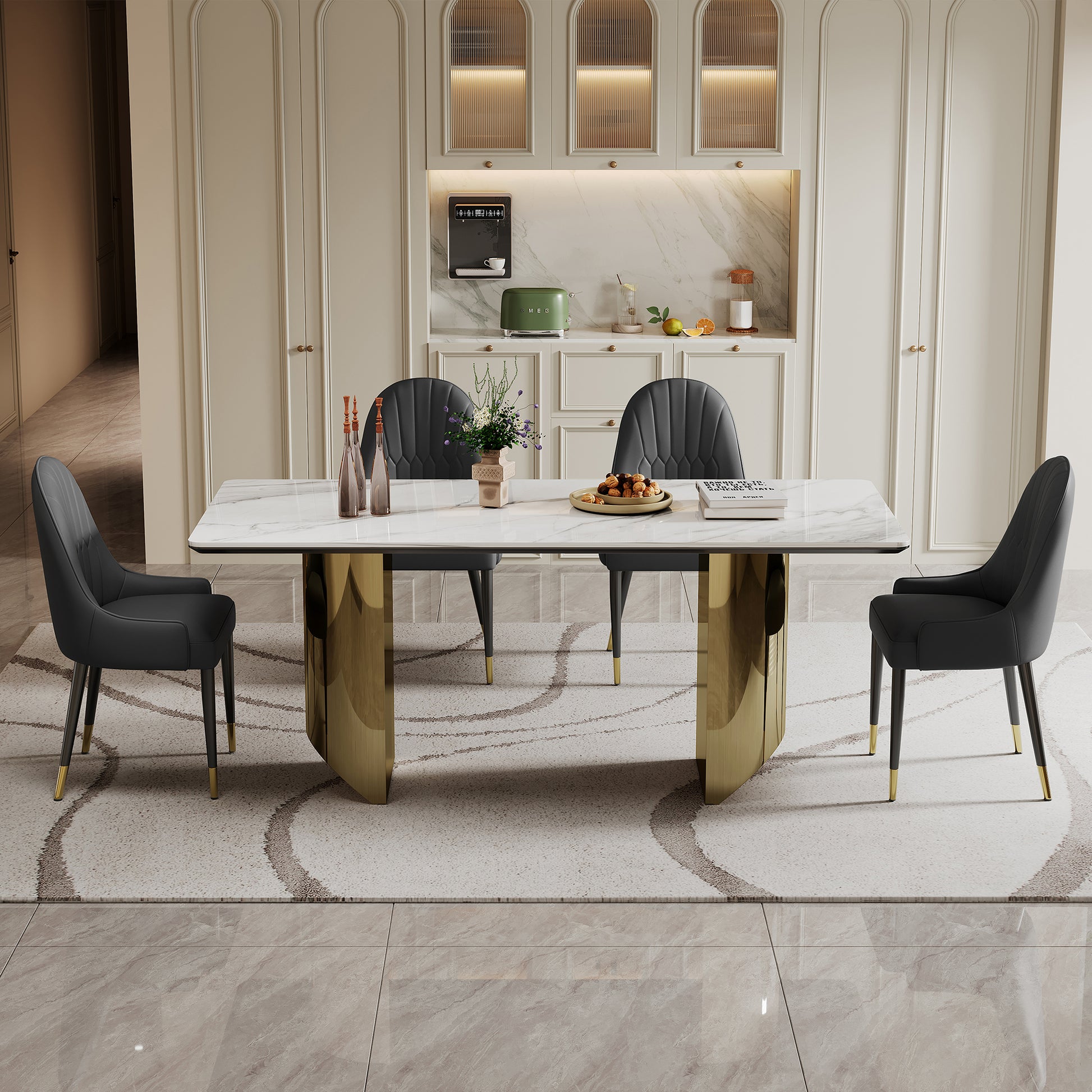 0.47" Thick Sintered Stone Composite Tempered Glass Top Rectangular Dining Table With Stainless Steel Base Gold Sintered Stone