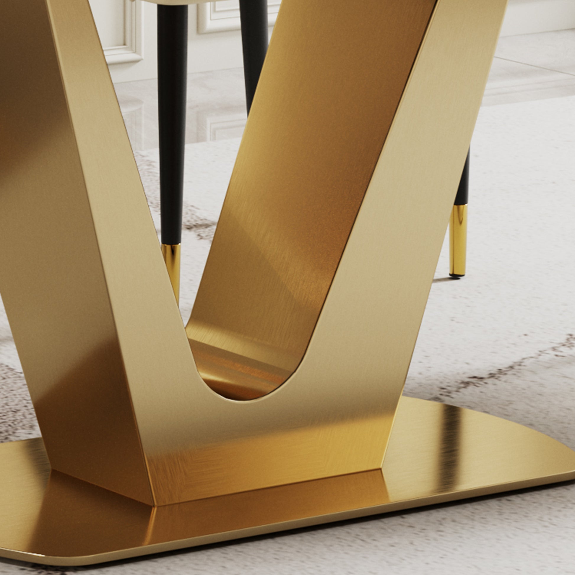 0.47" Thick Sintered Stone Composite Tempered Glass Top Dining Table With V Shape Stainless Steel Base Gold Sintered Stone