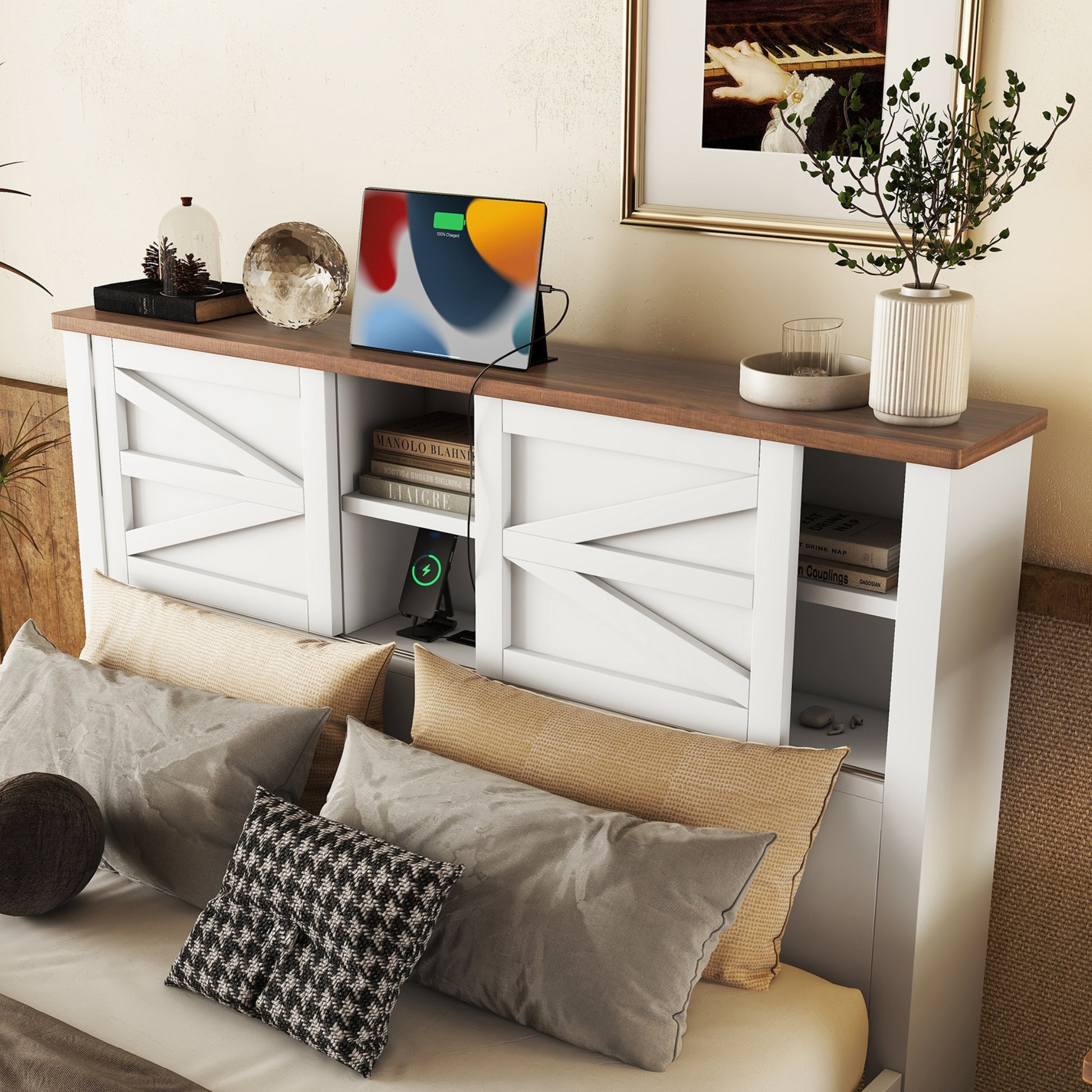 3 Pieces Bedroom Sets Queen Size Farmhouse Platform Bed With Double Sliding Door Storage Headboard, Storage Nightstand And Dresser, White Brown Queen White 3 Piece Set Particle Board