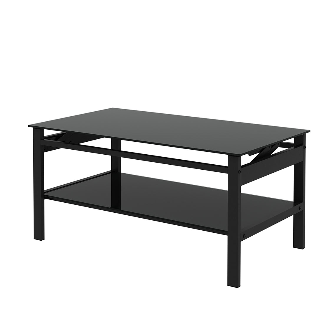 Glass Lift Top Coffee Table, Modern Simple 2 Layer Tempered Glass Coffee Table For Living Room, Black Black Glass Metal
