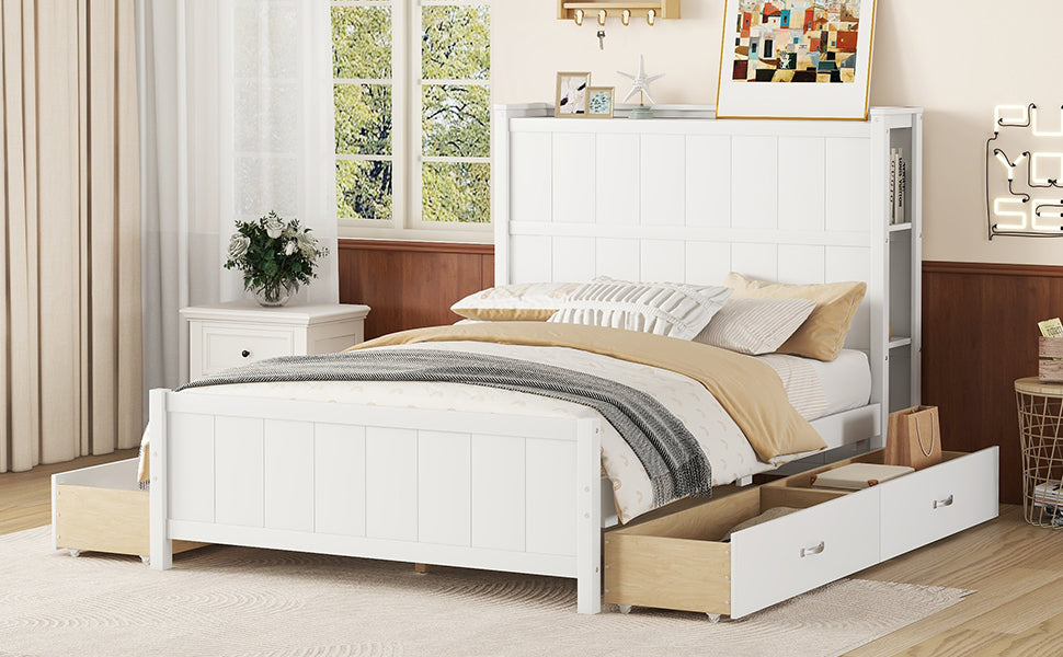 Full Size Platform Bed With Drawers And Storage Shelves, White Antique White Solid Wood Mdf
