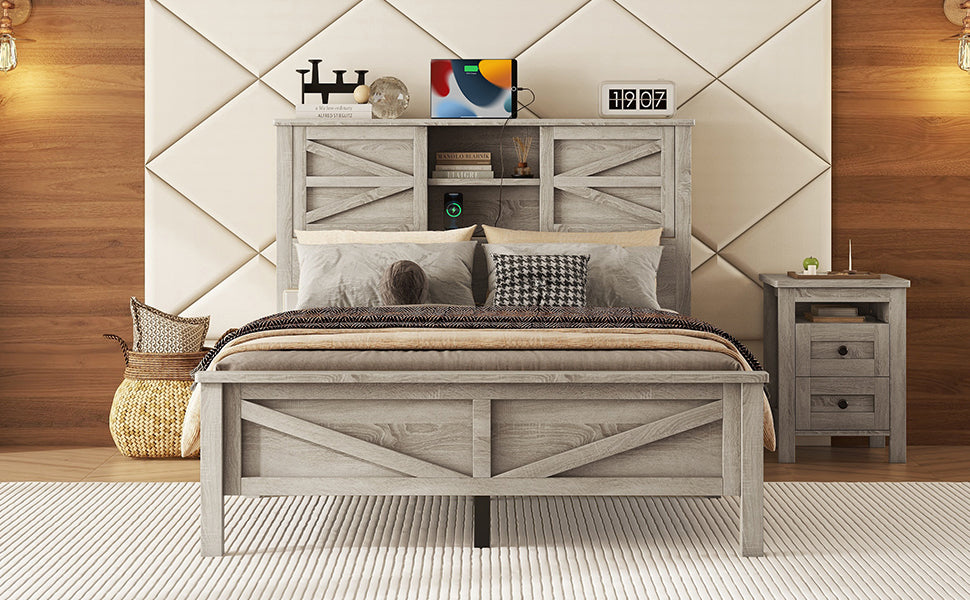 Farmhouse Platform Bed With Double Sliding Barn Door, Full Size Rustic Wood Bed Withcharging Station, Wood Slats Support, Antique Gray Antique Gray Particle Board