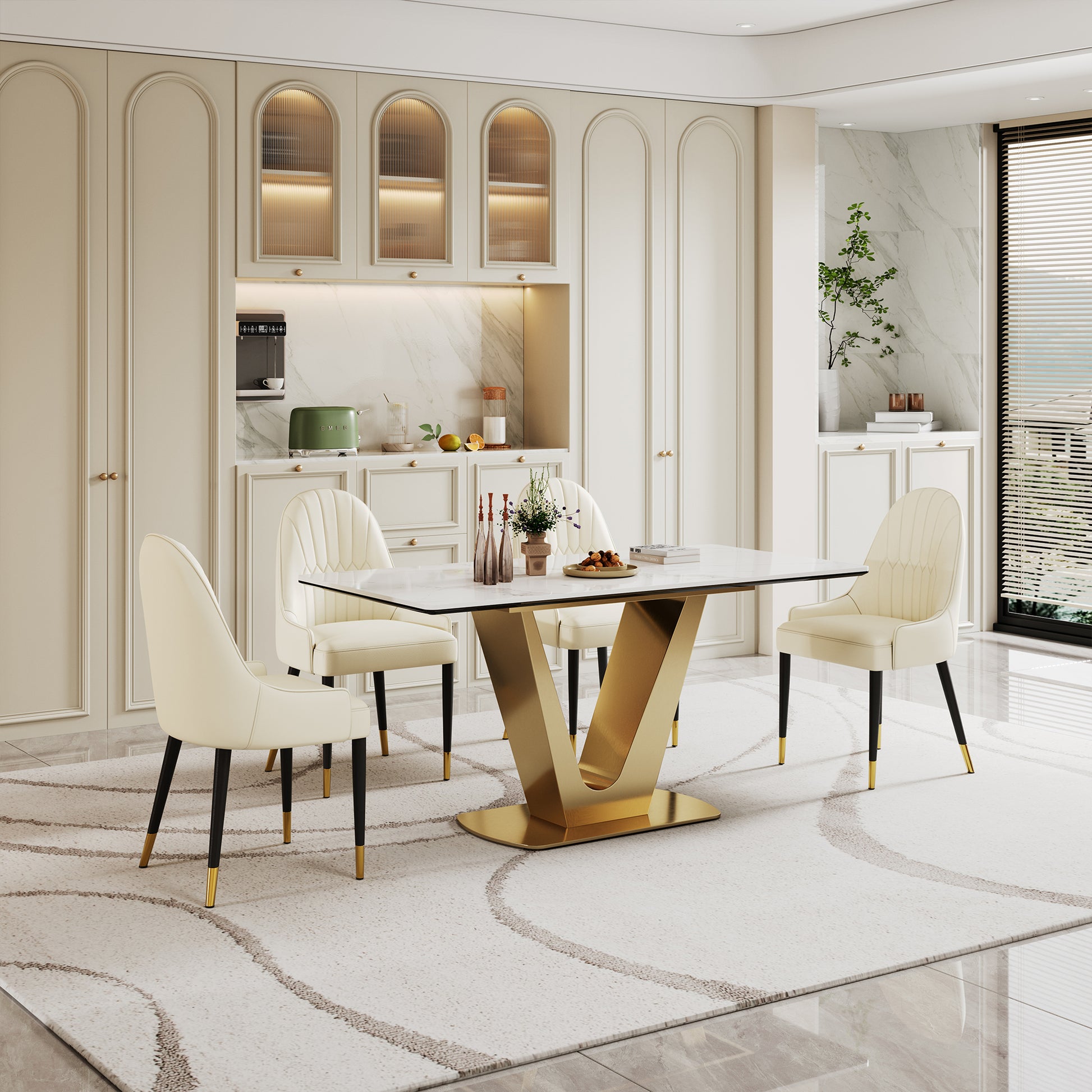 0.47" Thick Sintered Stone Composite Tempered Glass Top Dining Table With V Shape Stainless Steel Base Gold Sintered Stone