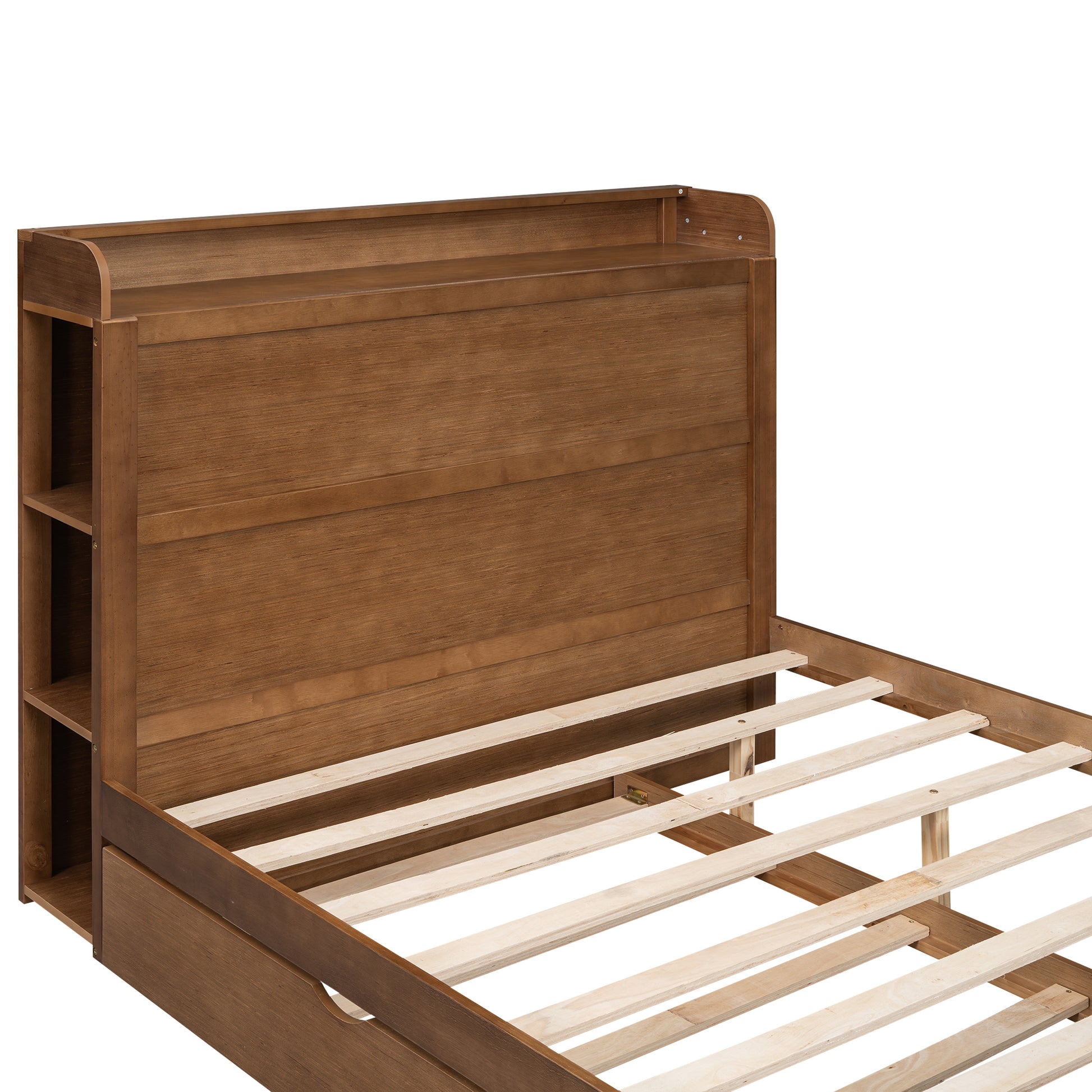 Full Size Platform Bed With Storage Headboard And Twin Size Trundle, Walnut Box Spring Not Required Full Walnut Wood Bedroom Bed Frame Solid Wood Mdf