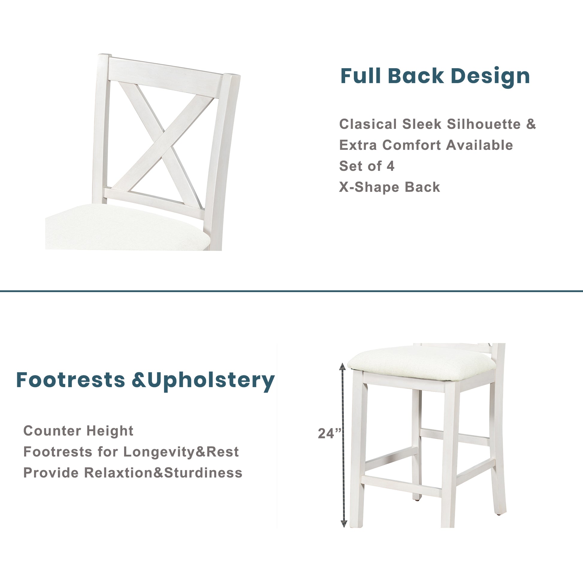 5 Pieces Counter Height Rustic Farmhouse Dining Room Wooden Bar Table Set With 4 Chairs, White White Wood Dining Room Solid Wood Rubberwood Rectangular Dining Table With Chair Upholstered Chair Wood White Solid Back Seats 4 4 Leg Foam Solid Wood