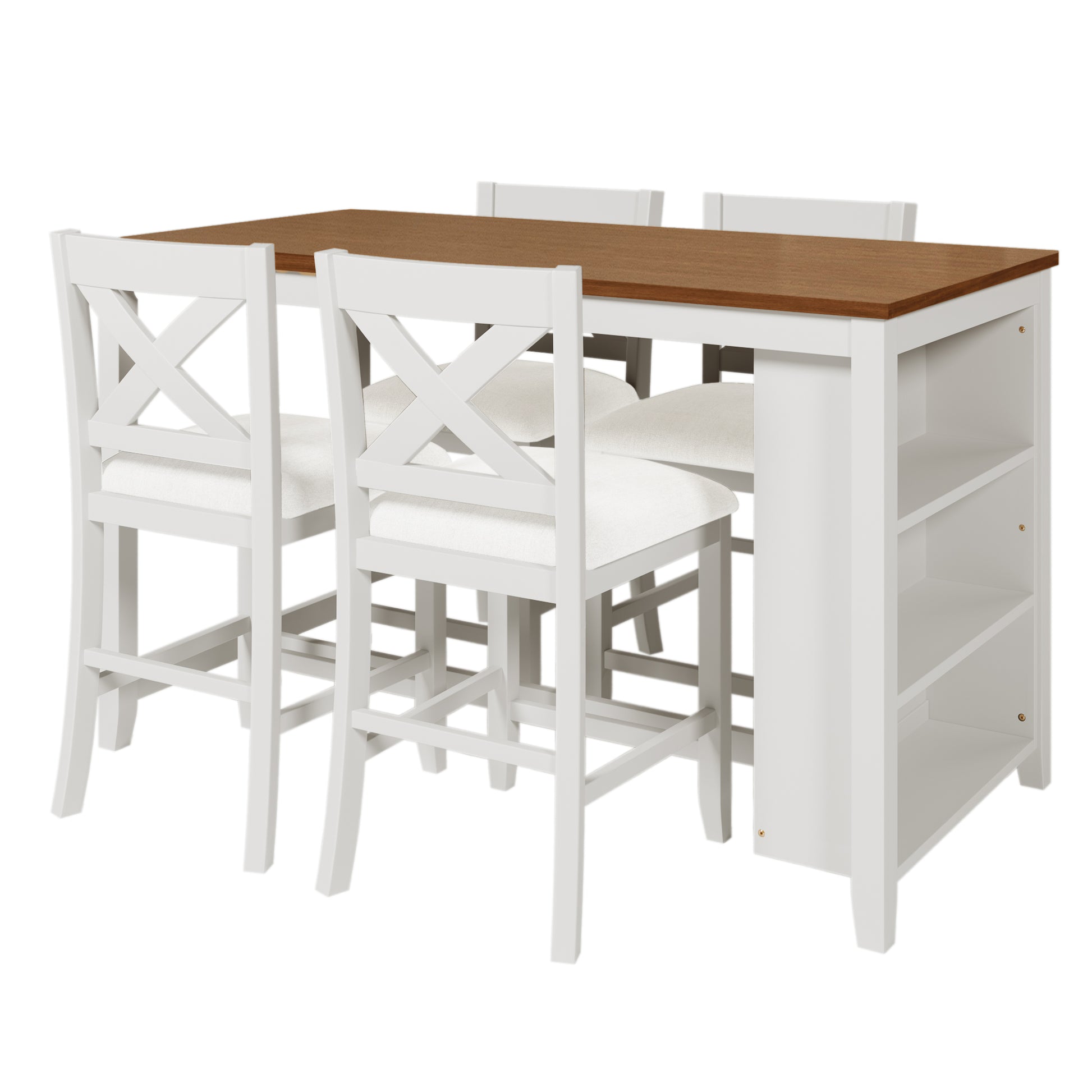 5 Pieces Counter Height Rustic Farmhouse Dining Room Wooden Bar Table Set With 4 Chairs, White White Wood Dining Room Solid Wood Rubberwood Rectangular Dining Table With Chair Upholstered Chair Wood White Solid Back Seats 4 4 Leg Foam Solid Wood