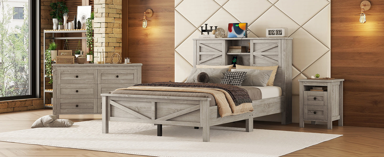 3 Pieces Bedroom Sets Full Size Farmhouse Platform Bed With Double Sliding Door Storage Headboard And Charging Station, Storage Nightstand And Dresser, Antique Gray Full Antique Gray 3 Piece Set Particle Board