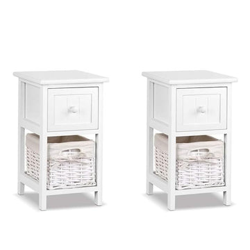 2Pcs Set Nightstands Bedroom, Simple Wooden Bedside Table Night Stand With Drawer And Storage Basket Household White White Solid Wood Mdf