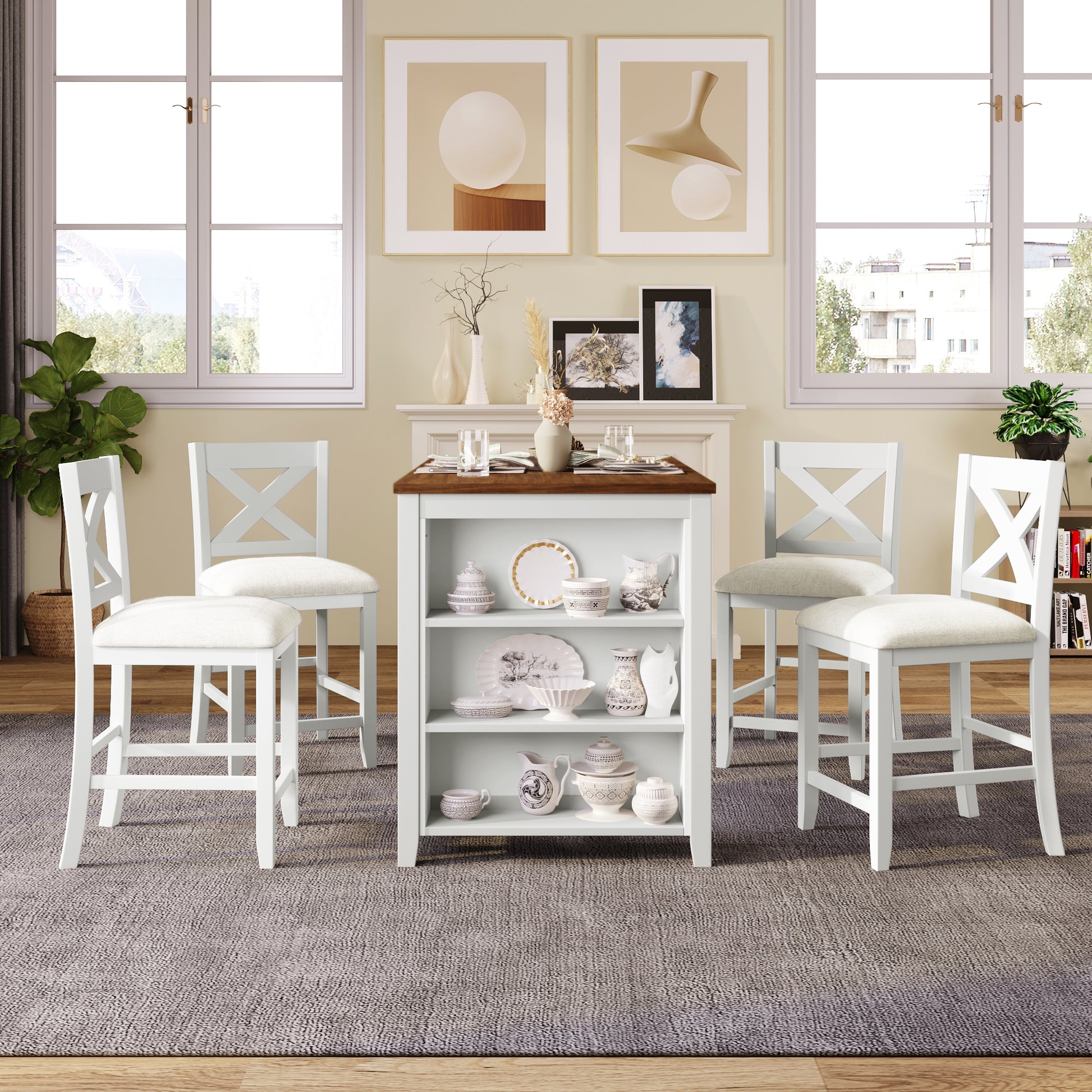 5 Pieces Counter Height Rustic Farmhouse Dining Room Wooden Bar Table Set With 4 Chairs, White White Wood Dining Room Solid Wood Rubberwood Rectangular Dining Table With Chair Upholstered Chair Wood White Solid Back Seats 4 4 Leg Foam Solid Wood