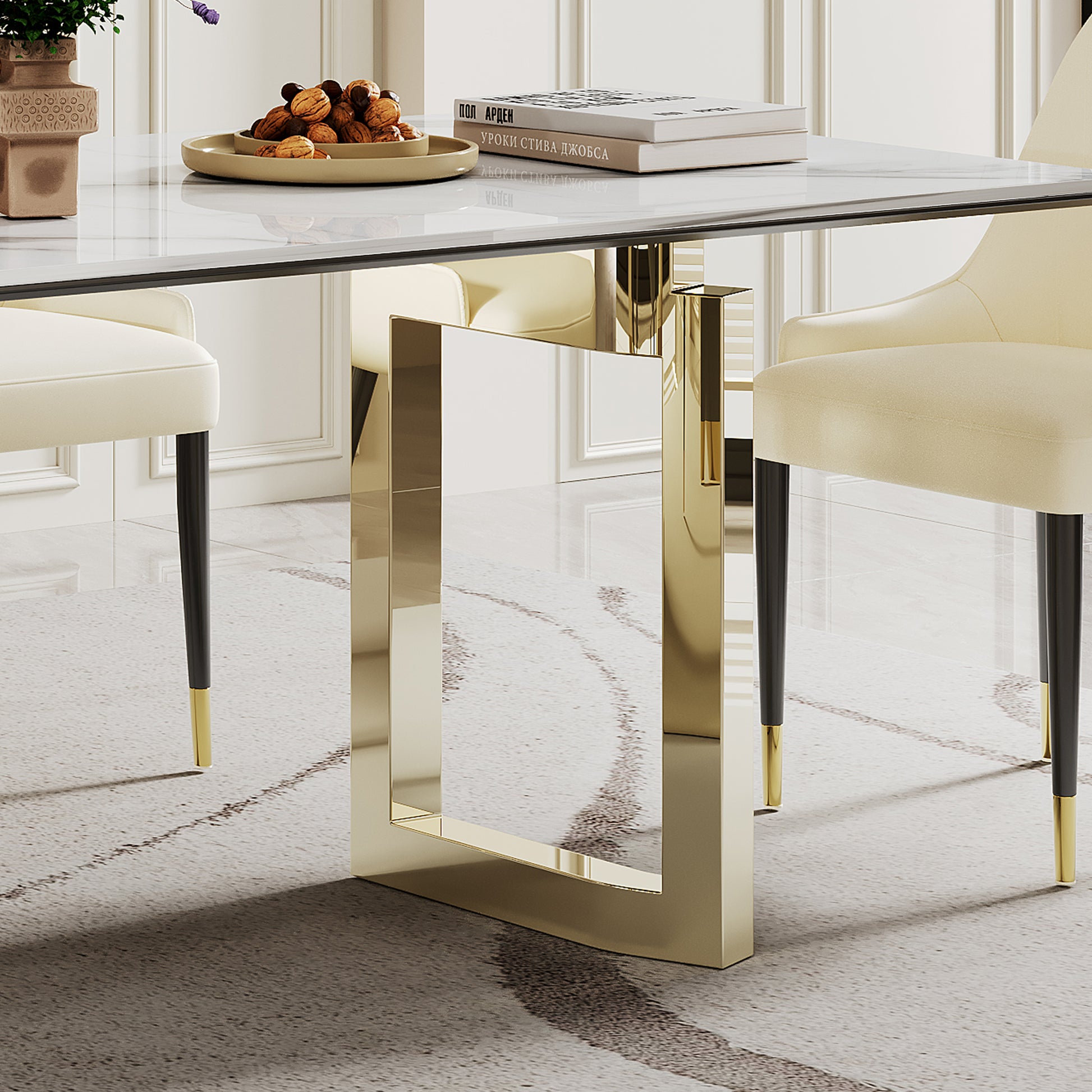 0.47" Thick Sintered Stone Composite Tempered Glass Top Rectangular Dining Table With Stainless Steel Base Gold Sintered Stone