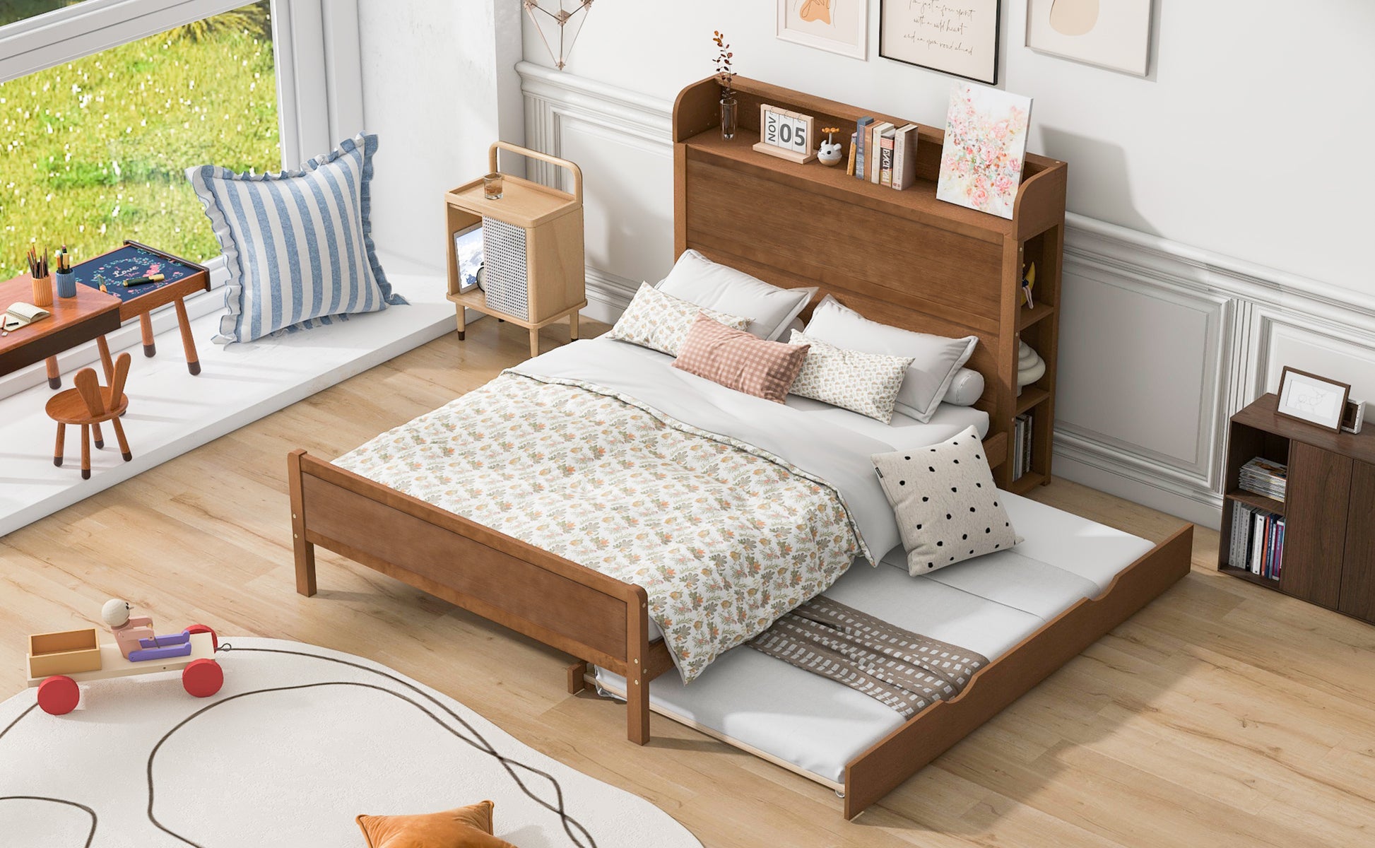 Full Size Platform Bed With Storage Headboard And Twin Size Trundle, Walnut Box Spring Not Required Full Walnut Wood Bedroom Bed Frame Solid Wood Mdf