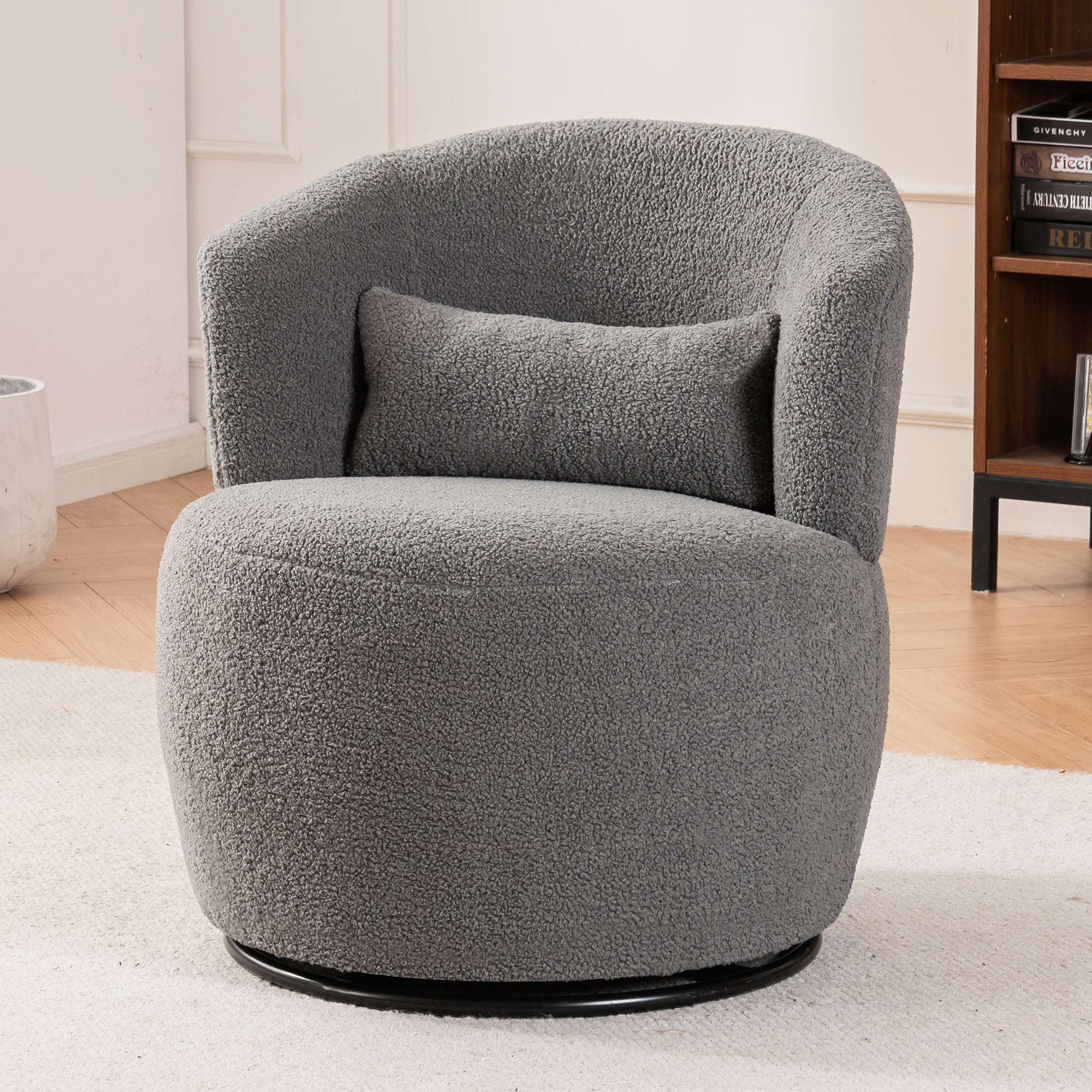 Grey Plush Swivel Accent Chair Contemporary Round Armchair With 360 Rotation And Metal Base For Living Room Elegance Grey Teddy