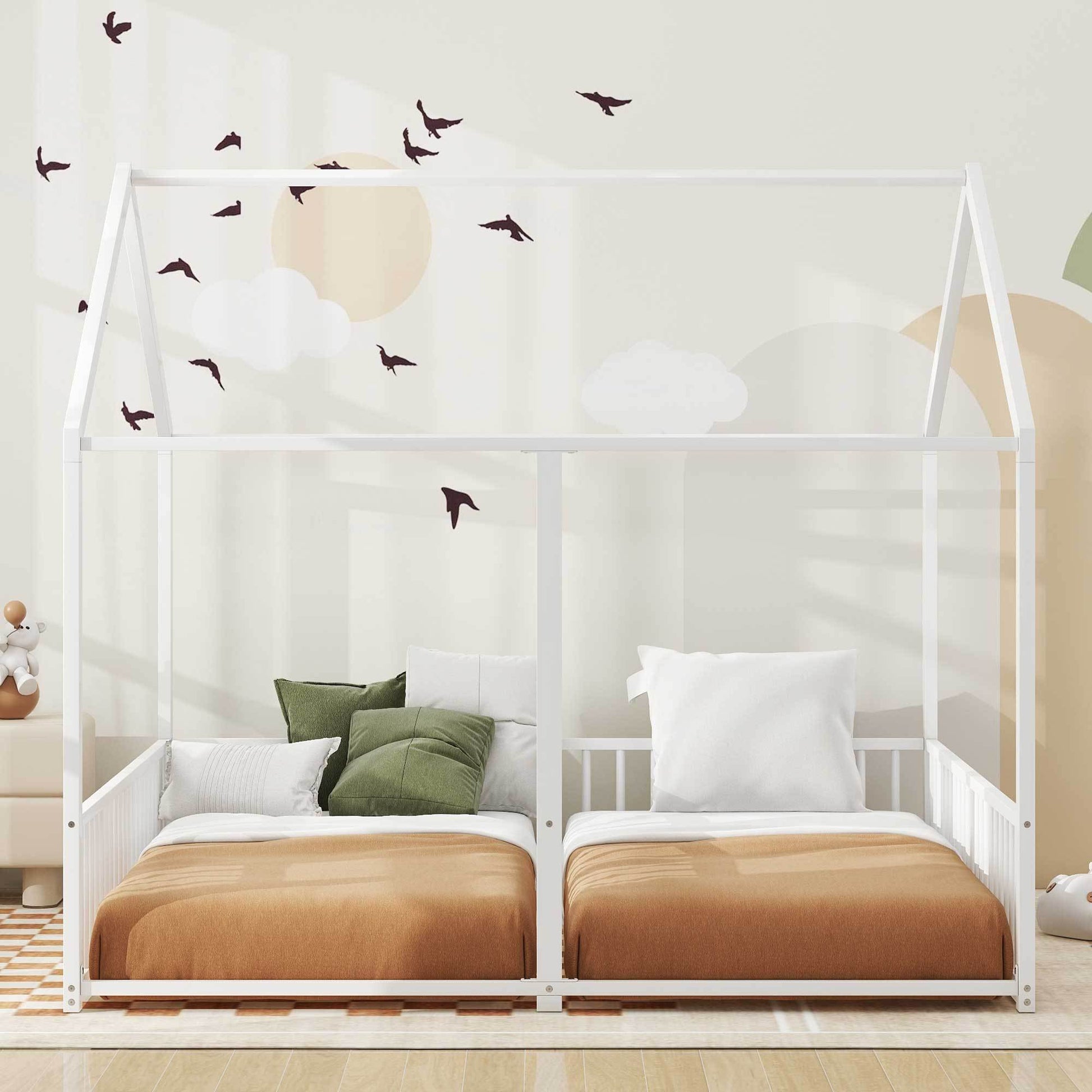 Metal Twin Size House Platform Beds, Two Shared Beds, White Box Spring Not Required Twin Antique White Metal Bedroom Metal