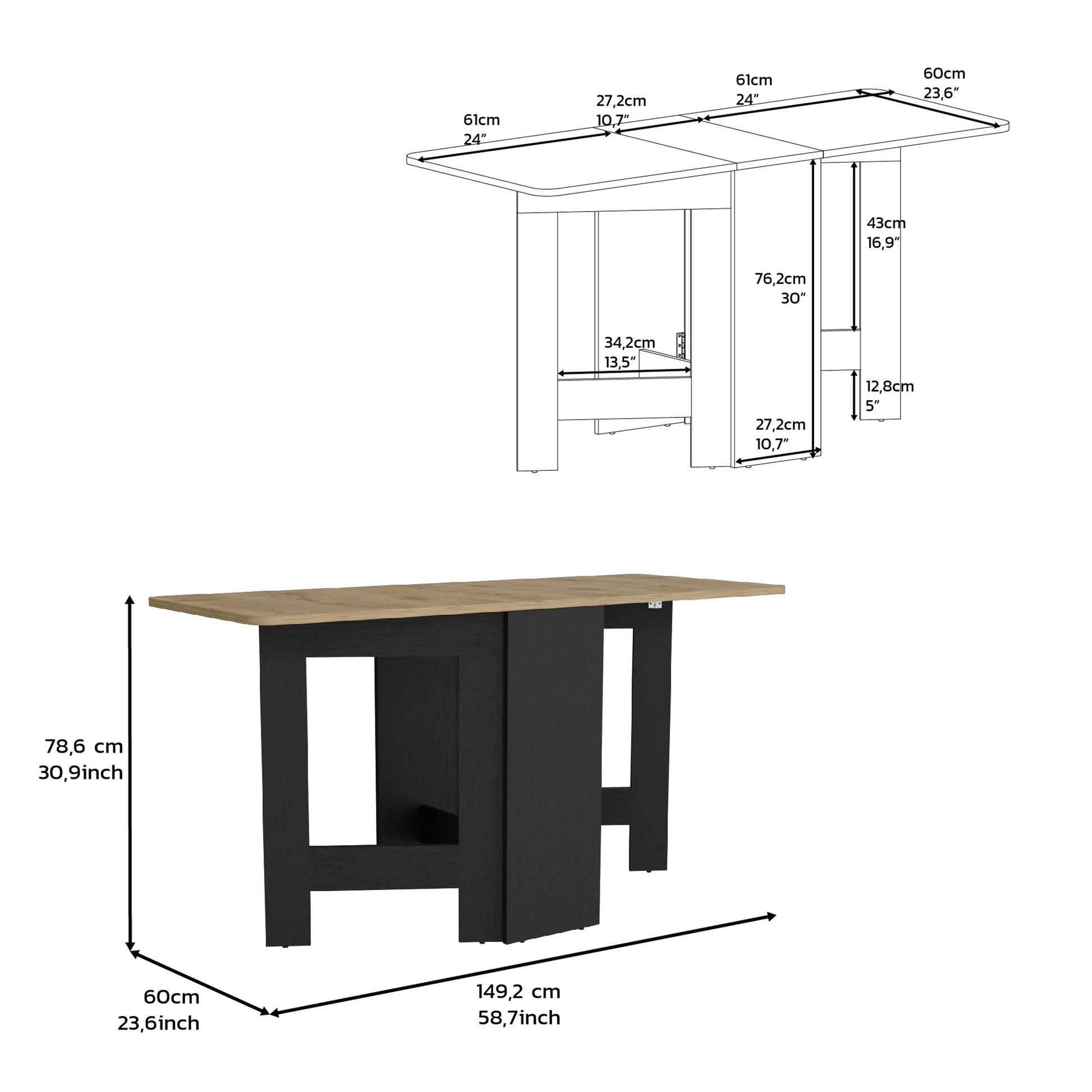 Folding Table With Expandable Design In 3 Forms, Black Macadamia Black Multi Particle Board Pine
