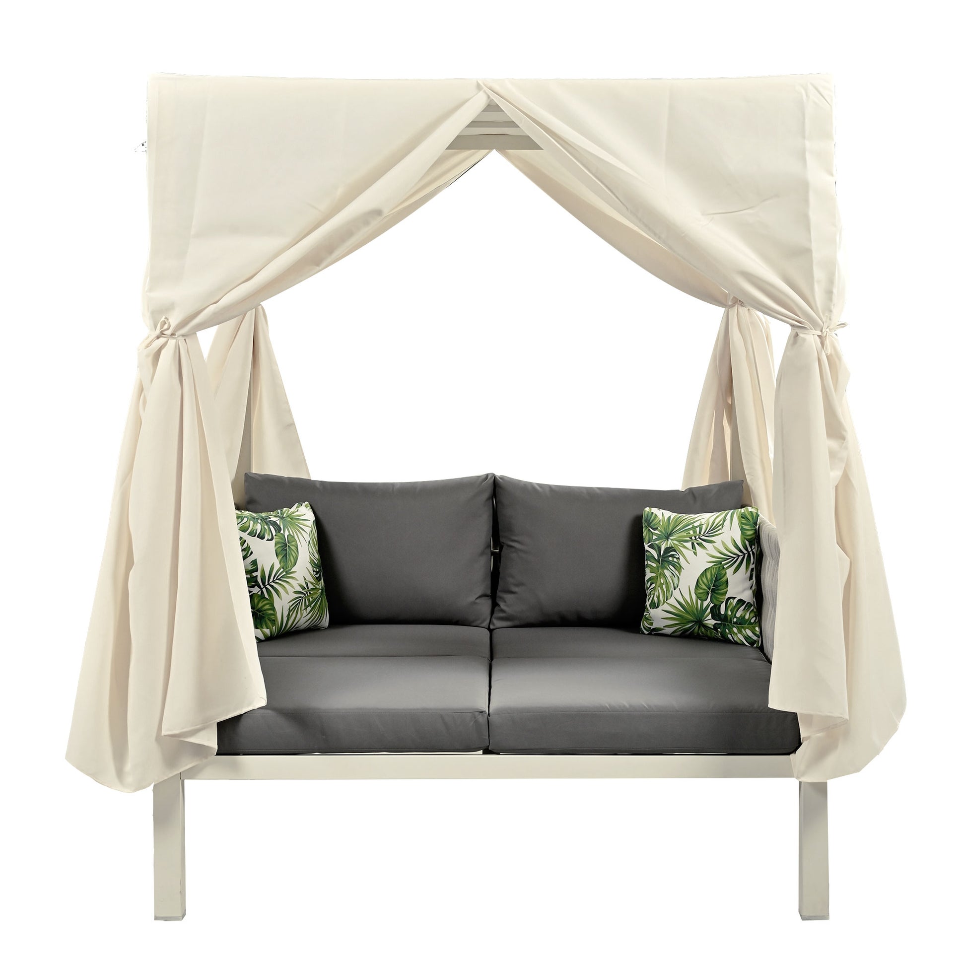 Outdoor Patio Sunbed With Curtains, High Comfort, Suitable For Multiple Scenarios Gray Beige Woven Rope
