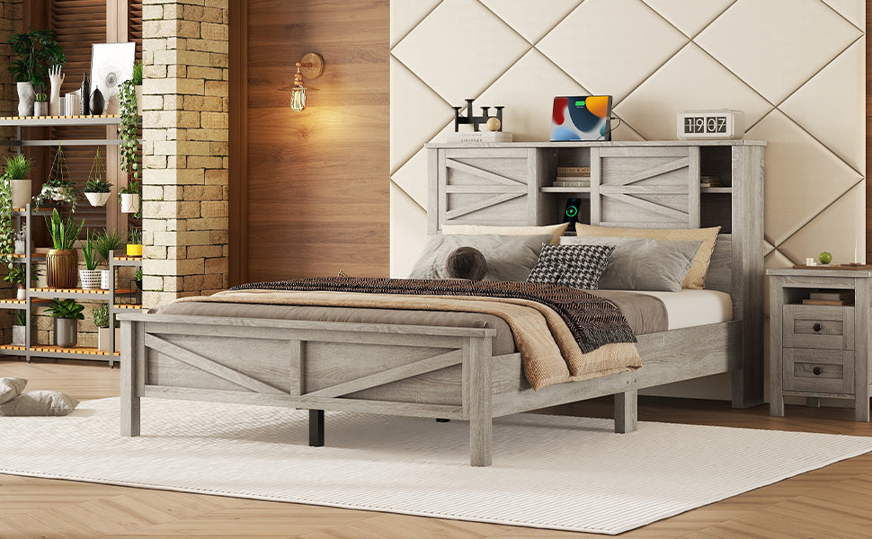 Farmhouse Platform Bed With Double Sliding Barn Door, Queen Size Rustic Wood Bed Withcharging Station, Wood Slats Support, Antique Gray Antique Gray Particle Board