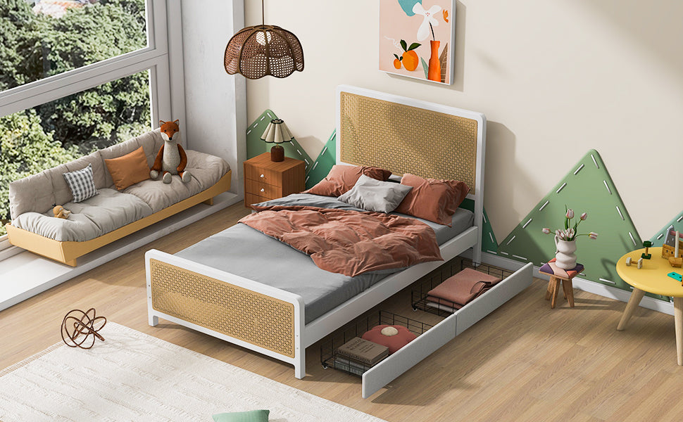 Full Size Metal Platform Bed With 2 Drawers, White Box Spring Not Required Full White Bedroom Bed Frame Metal