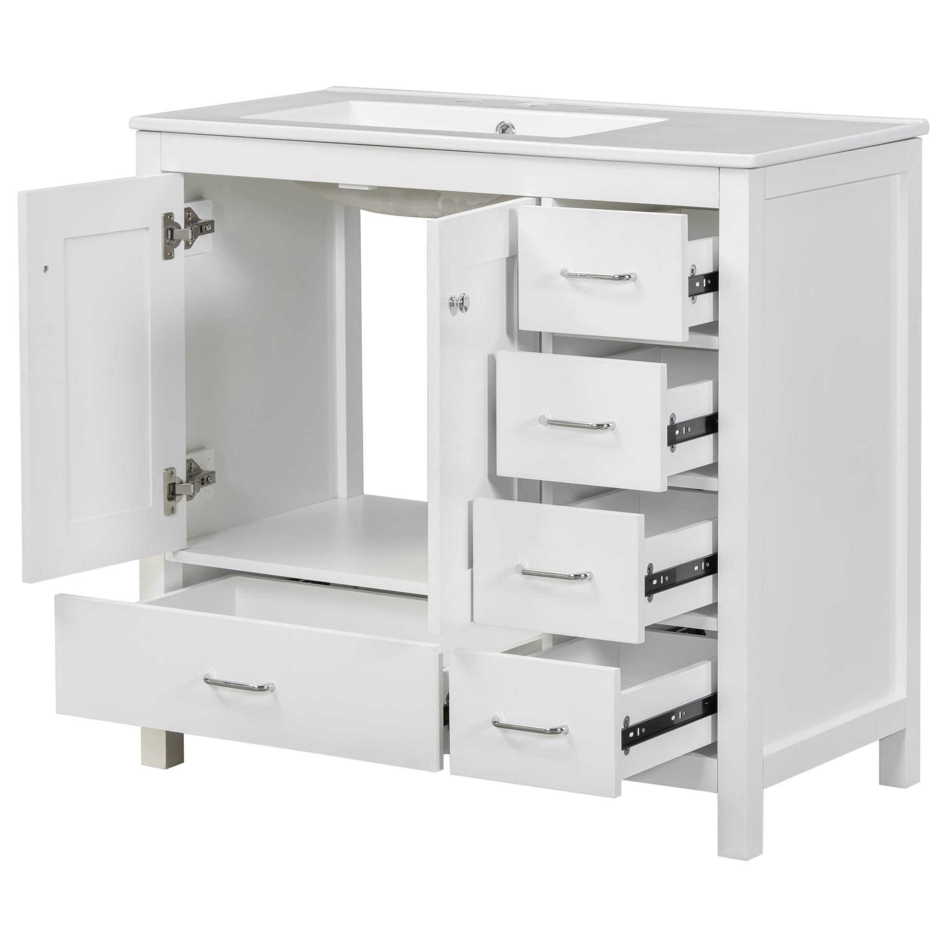 36" White Bathroom Vanity With Ceramic Sink Combo, Abundant Storage Cabinet 2 Soft Close Doors And 5 Drawers White Bathroom Solid Wood Mdf