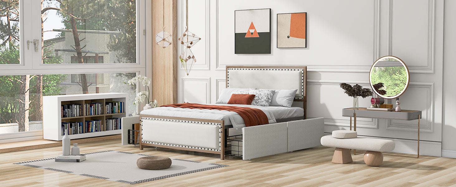 Queen Size Upholstered Platform Bed With Decoration And 4 Drawers, Brown Box Spring Not Required Queen Brown Metal Bedroom Bed Frame Linen Upholstered