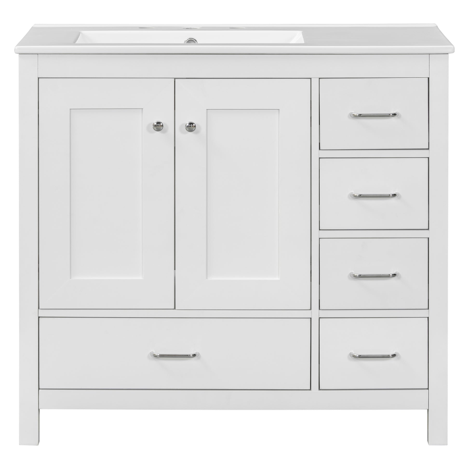 36" White Bathroom Vanity With Ceramic Sink Combo, Abundant Storage Cabinet 2 Soft Close Doors And 5 Drawers White Bathroom Solid Wood Mdf