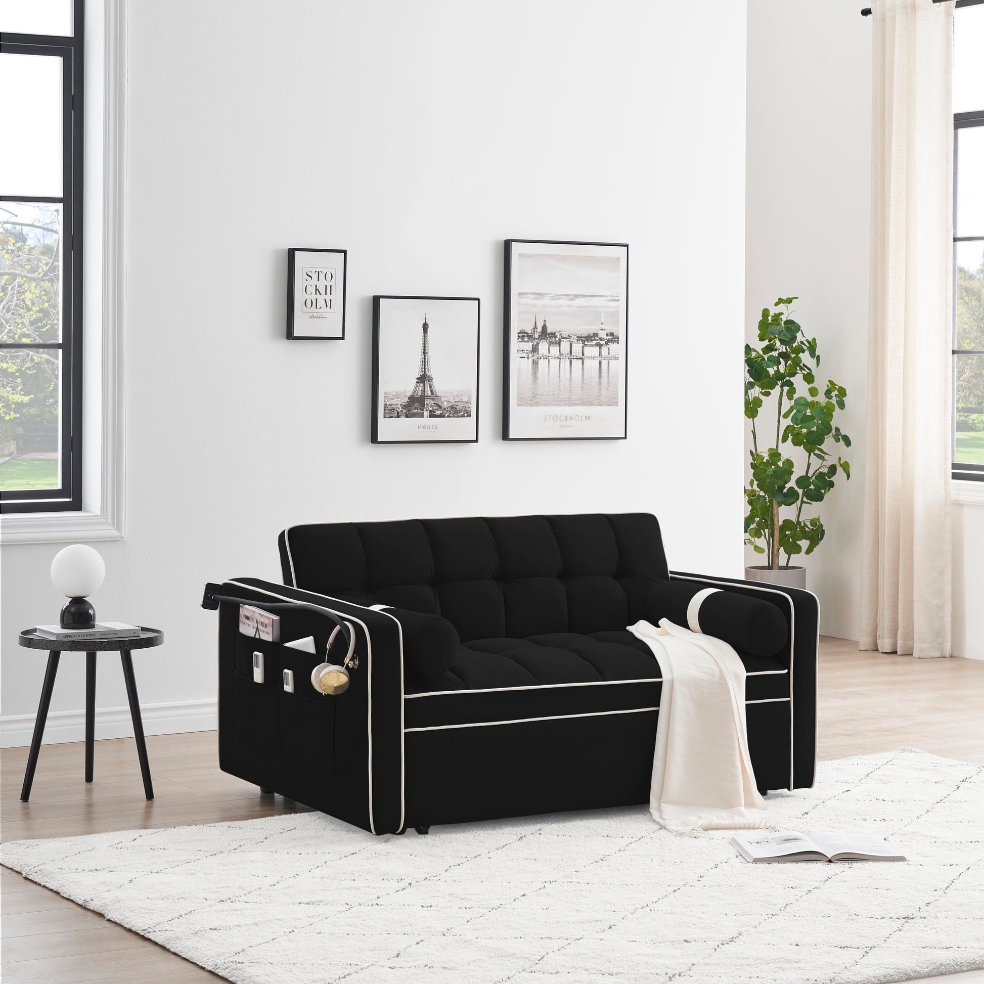Sleeper Sofa Couch W Pull Out Bed, 55" Modern Velvet Convertible Sleeper Sofa Bed, Small Beautiful Seat Sofa Bed W Pillows & Side Pockets For Small Space, Living Room, Apartment,Black Black Velvet 2 Seat