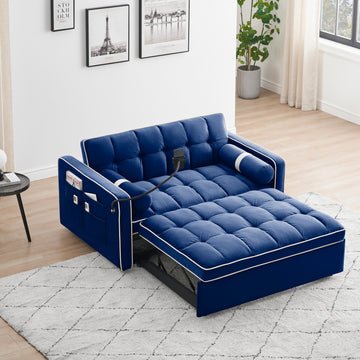 Sleeper Sofa Couch W Pull Out Bed, 55" Modern Velvet Convertible Sleeper Sofa Bed, Small Beautiful Seat Sofa Bed W Pillows & Side Pockets For Small Space, Living Room, Apartment,Blue Blue Velvet 2 Seat