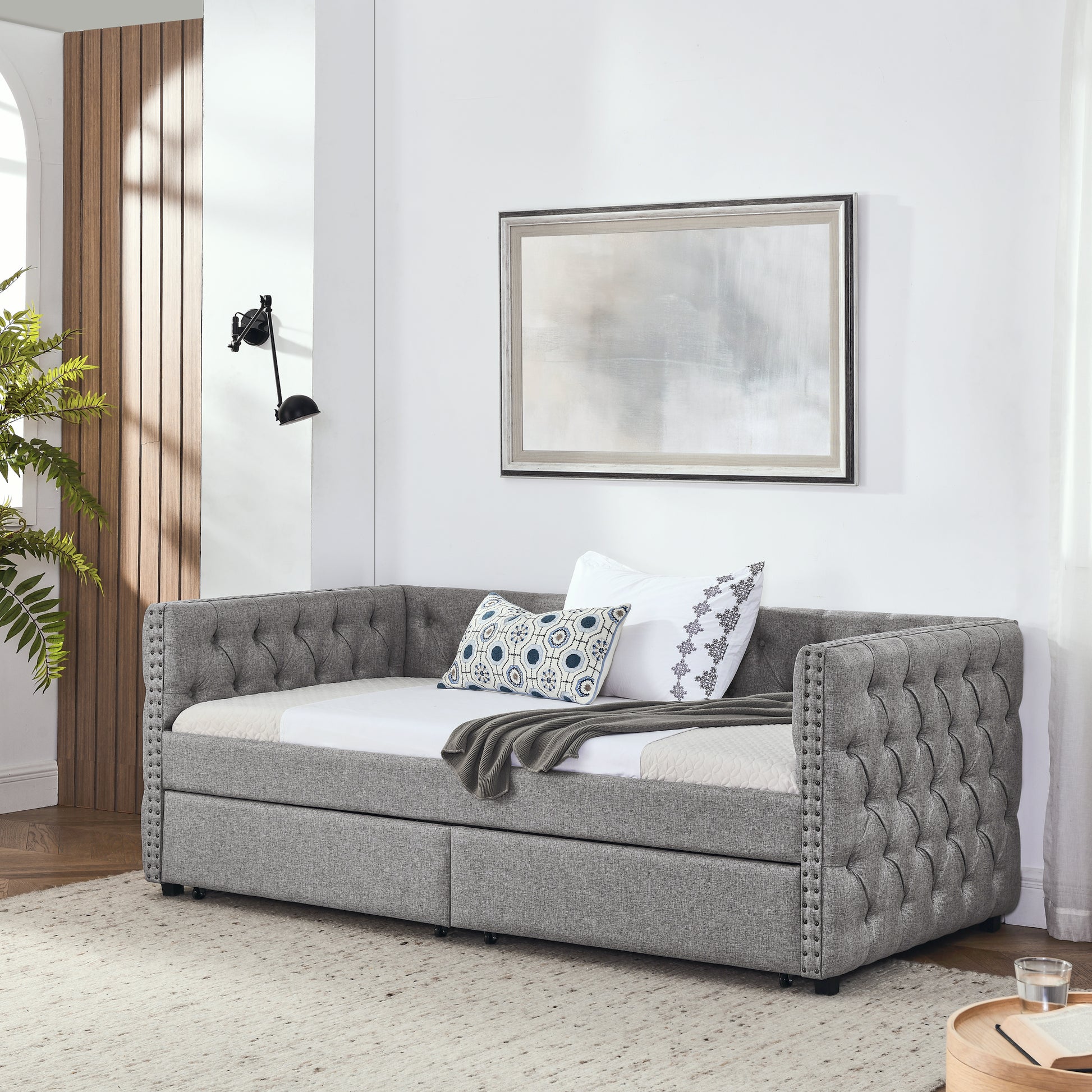 Upholstered Twin Size Daybed With Two Drawers, With Button And Copper Nail On Square Arms, Grey 82.75''X43''X30.75'' Box Spring Not Required Twin Grey Composite Bedroom Classic,Contemporary,Luxury,Modern,Traditional Linen Linen