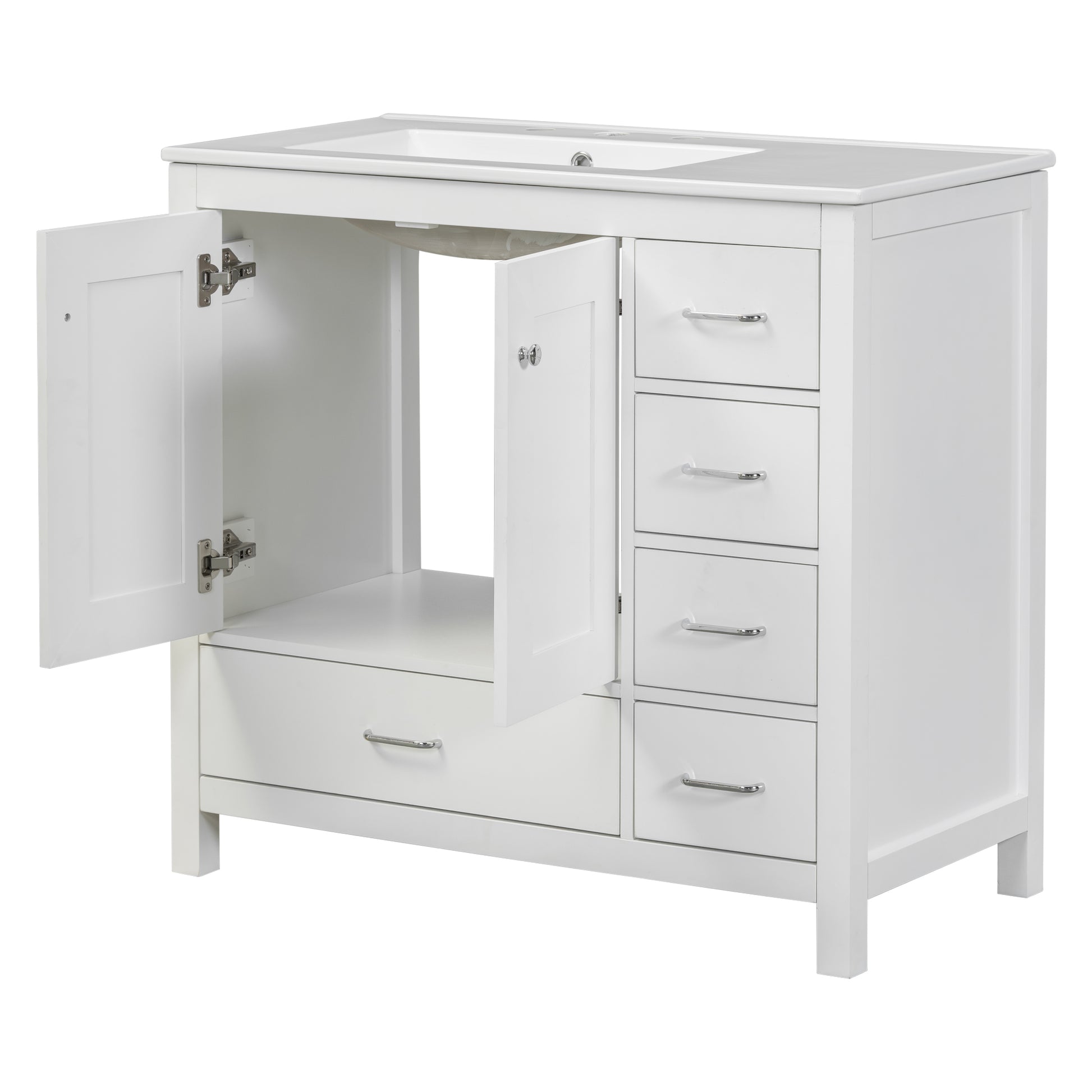 36" White Bathroom Vanity With Ceramic Sink Combo, Abundant Storage Cabinet 2 Soft Close Doors And 5 Drawers White Bathroom Solid Wood Mdf
