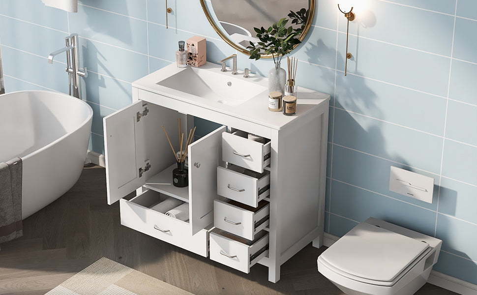 36" White Bathroom Vanity With Ceramic Sink Combo, Abundant Storage Cabinet 2 Soft Close Doors And 5 Drawers White Bathroom Solid Wood Mdf