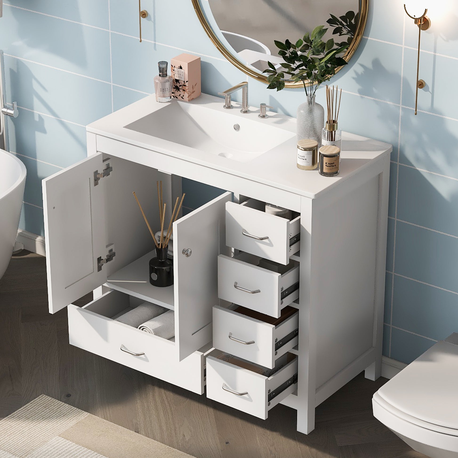 36" White Bathroom Vanity With Ceramic Sink Combo, Abundant Storage Cabinet 2 Soft Close Doors And 5 Drawers White Bathroom Solid Wood Mdf