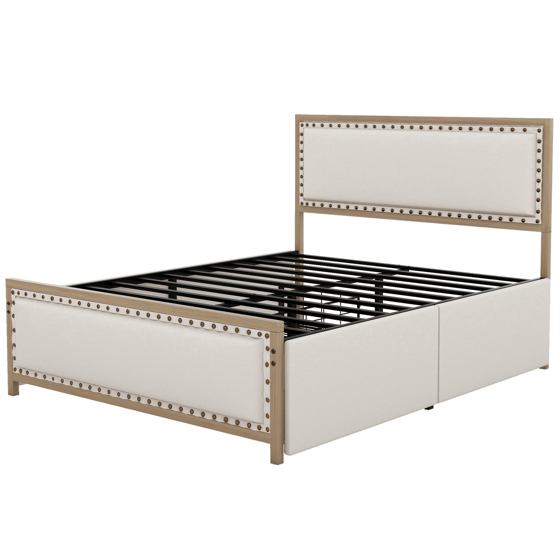 Queen Size Upholstered Platform Bed With Decoration And 4 Drawers, Brown Box Spring Not Required Queen Brown Metal Bedroom Bed Frame Linen Upholstered