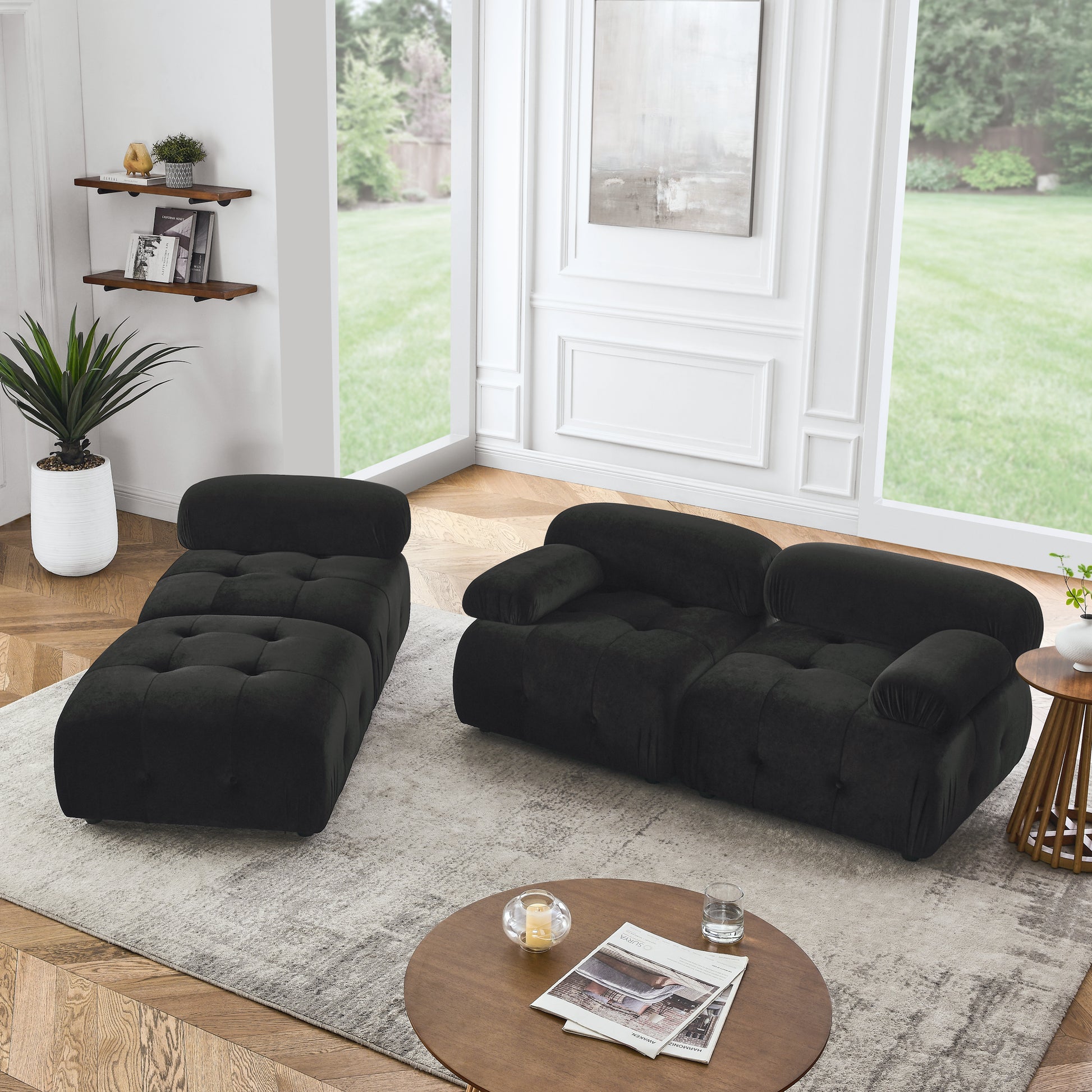 Modular Sectional Sofa, Button Tufted Designed And Diy Combination,L Shaped Couch With Reversible Ottoman, Black Velvet Black Velvet Wood Soft Tight Back Eucalyptus Pillow Top Arms Foam Spring