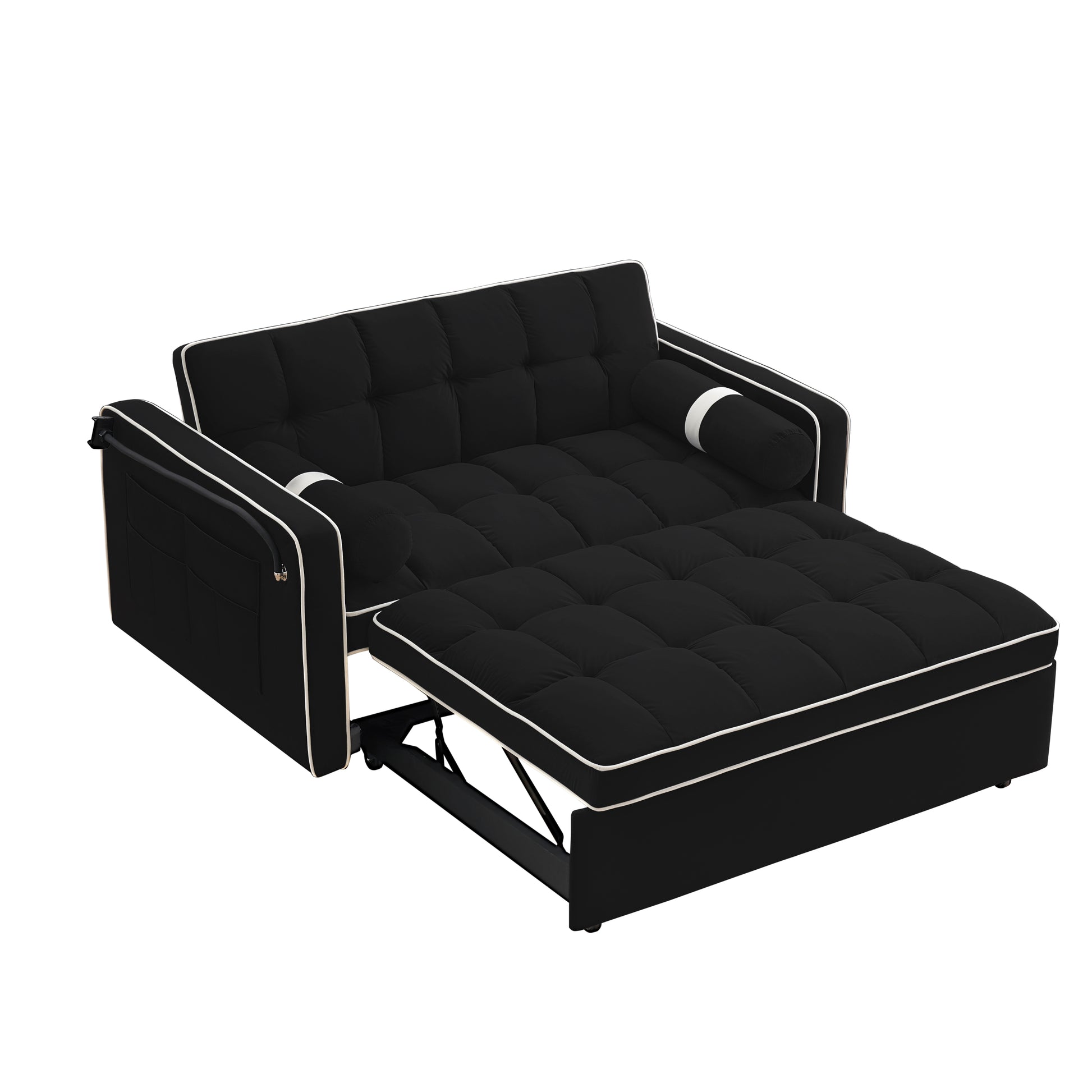 Sleeper Sofa Couch W Pull Out Bed, 55" Modern Velvet Convertible Sleeper Sofa Bed, Small Beautiful Seat Sofa Bed W Pillows & Side Pockets For Small Space, Living Room, Apartment,Black Black Velvet 2 Seat